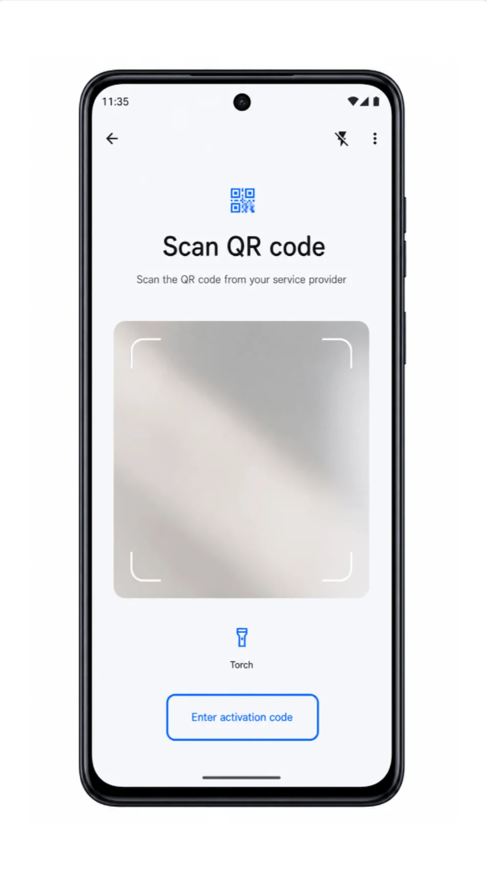 Moto G84 QR scanner screen showing Enter activation code highlighted for manual iRoamly eSIM setup