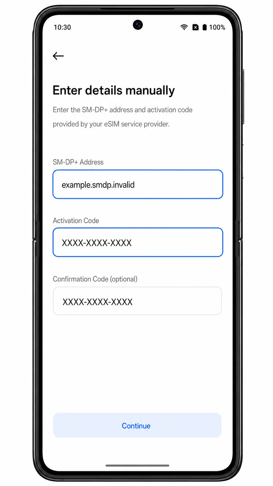 Oppo Find N3 manual eSIM entry screen with SM-DP+ Address and Activation Code fields