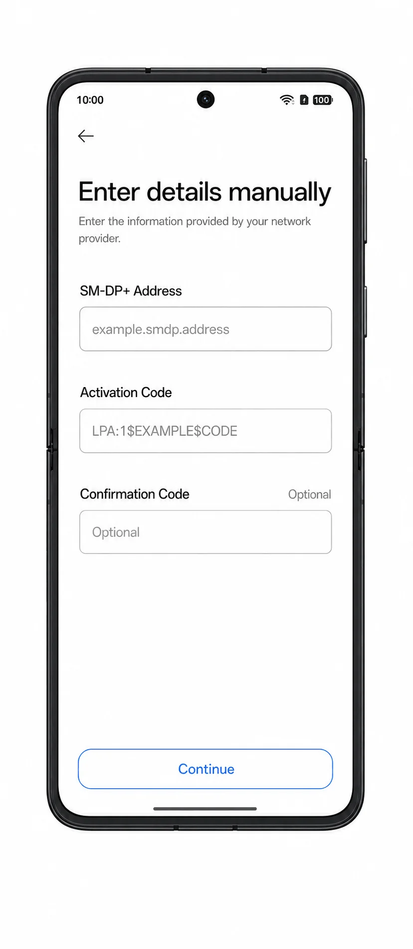 Oppo Find N5 manual eSIM entry screen showing SM-DP+ Address and Activation Code fields