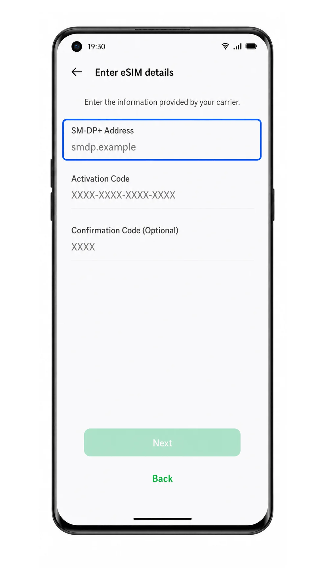 Reused: Oppo Find X3 manual eSIM entry fields for iRoamly activation details