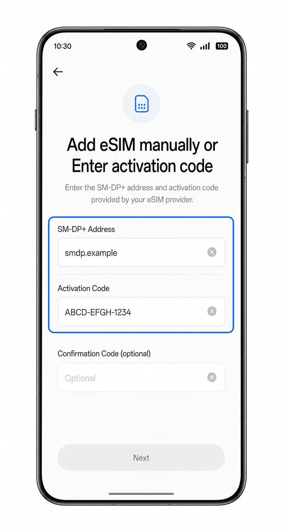Oppo Find X8 manual eSIM entry screen with SM-DP+ Address and Activation Code fields highlighted