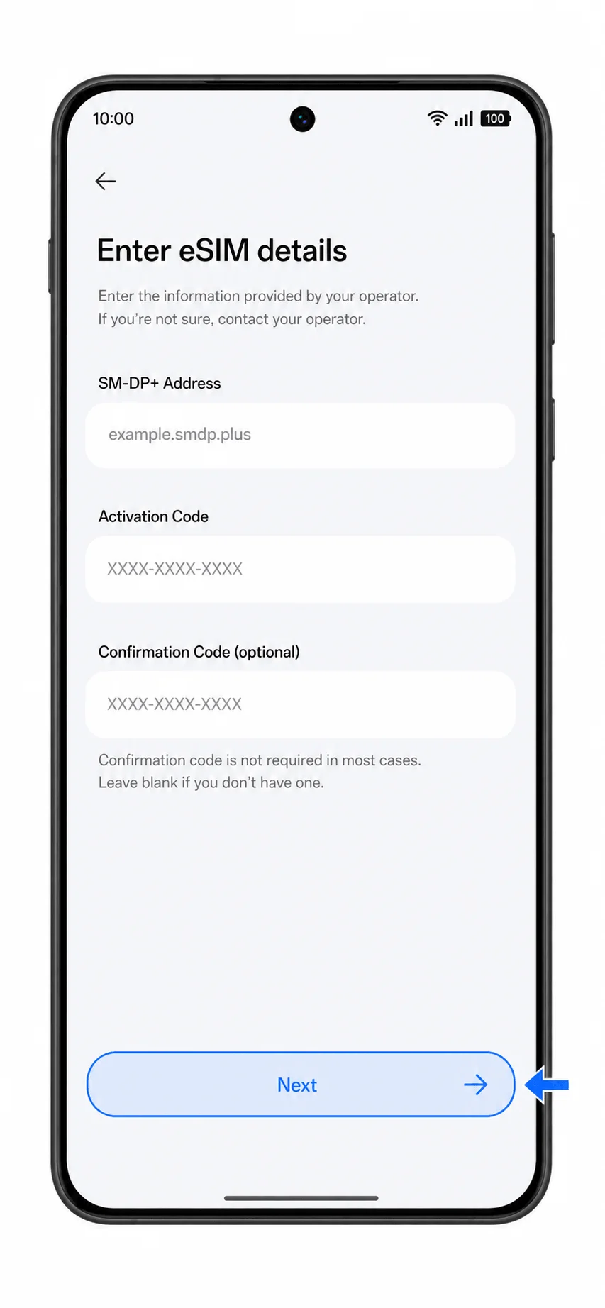 Oppo Find X8 Pro manual eSIM entry screen with SM-DP+ Address and Activation Code fields Oppo Find X8 Pro manual eSIM entry screen with SM-DP+ Address and Activation Code fields