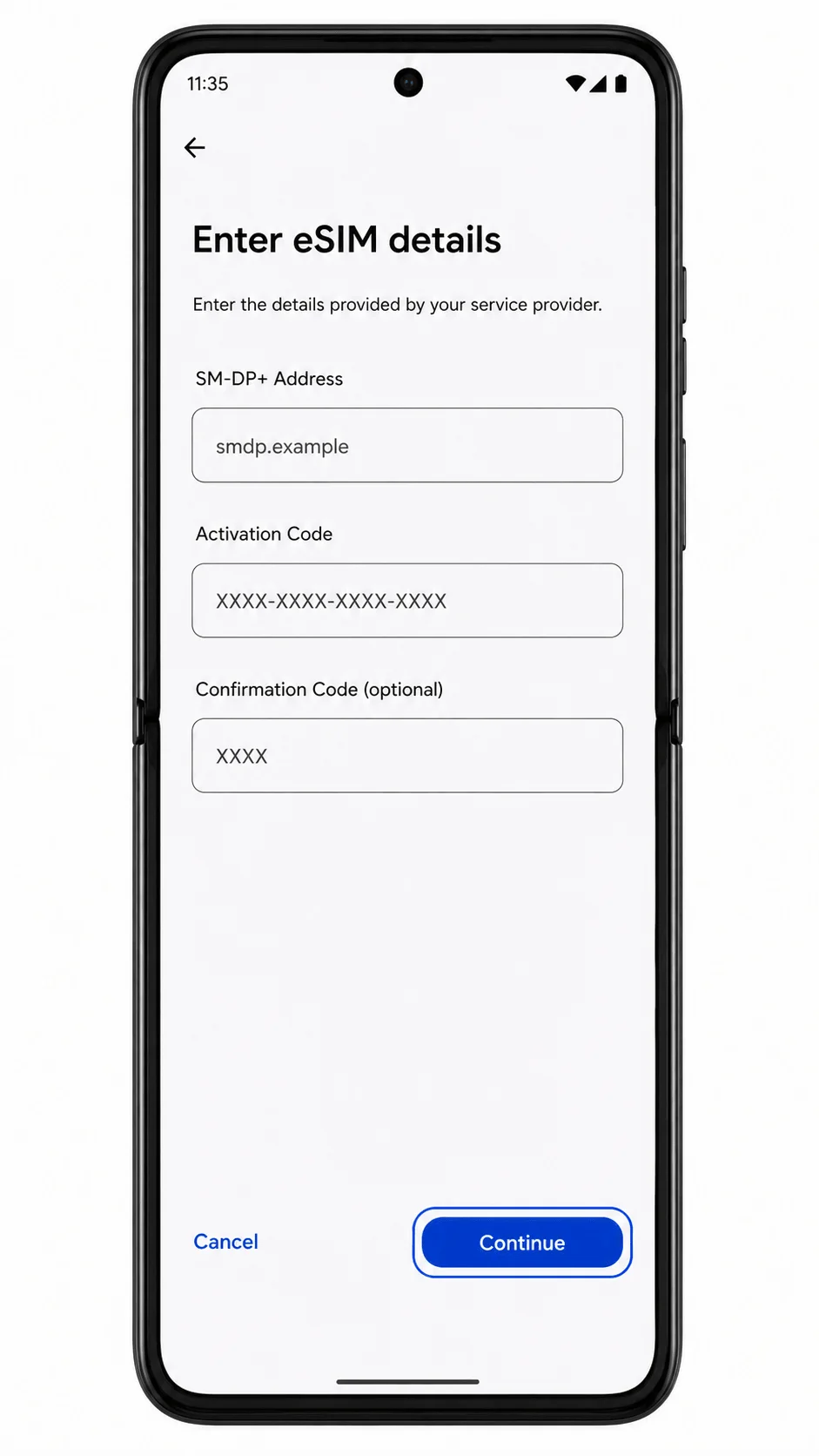 Motorola Razr Ultra 2025 manual eSIM entry screen with SM-DP Address and Activation Code fields Motorola Razr Ultra 2025 manual eSIM entry screen with SM-DP Address and Activation Code fields