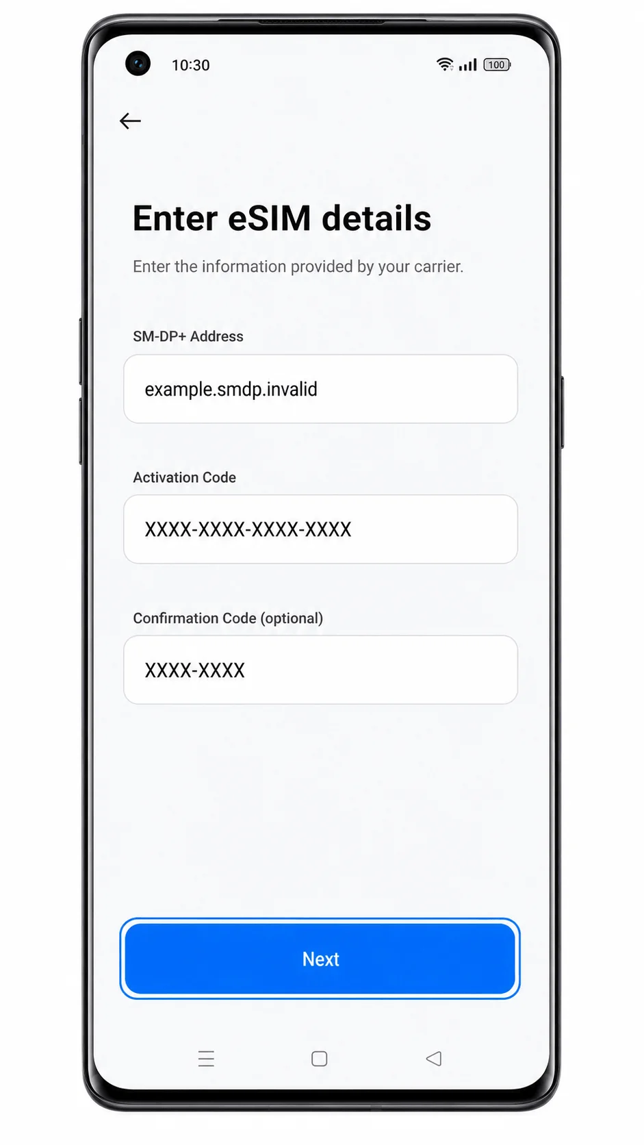 Oppo Reno 6 Pro 5G manual iRoamly eSIM details entered with Next highlighted Oppo Reno 6 Pro 5G manual iRoamly eSIM details entered with Next highlighted
