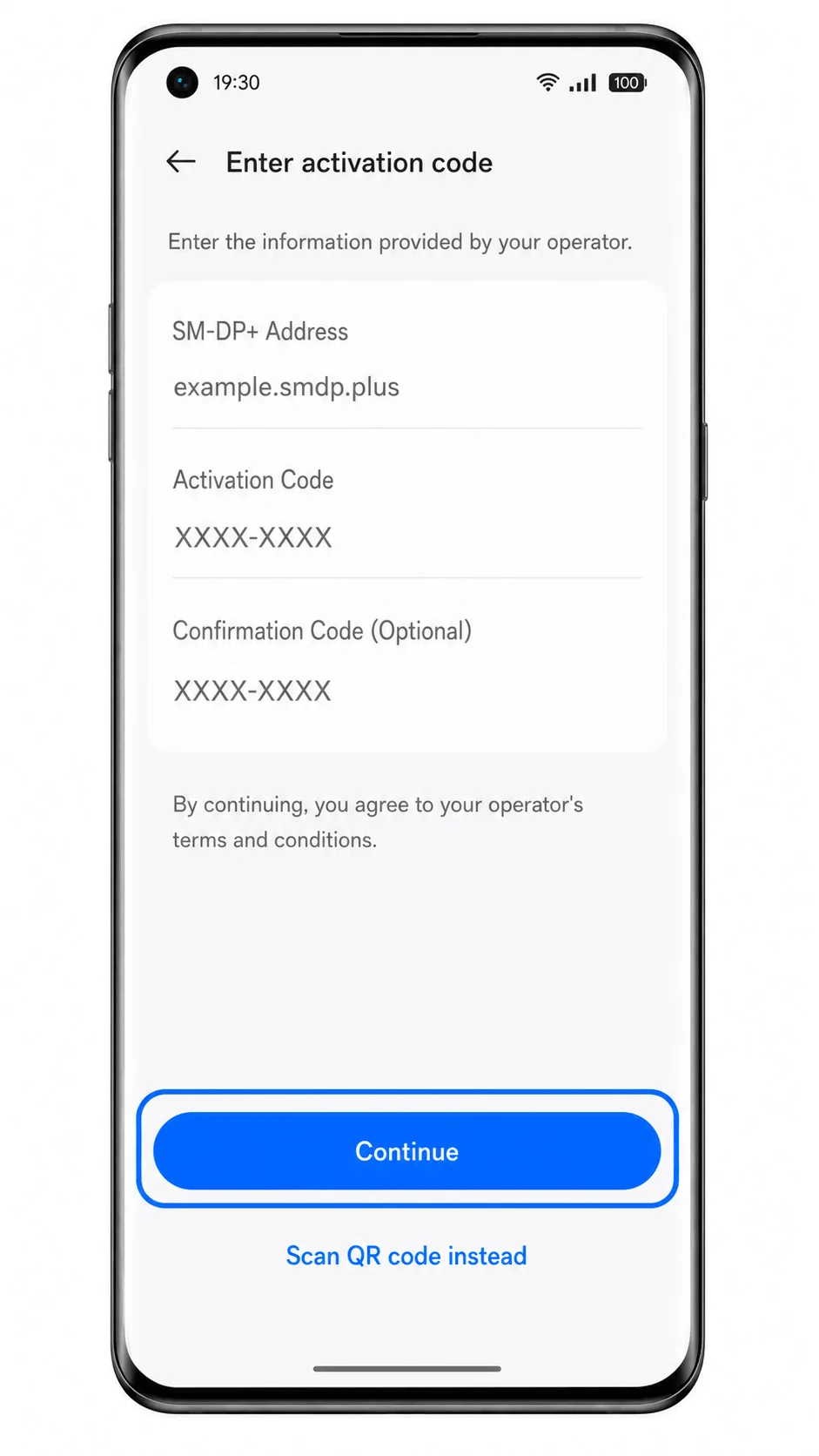 Oppo Find X5 Pro manual eSIM entry screen with SM-DP Address and Activation Code fields Oppo Find X5 Pro manual eSIM entry screen with SM-DP Address and Activation Code fields