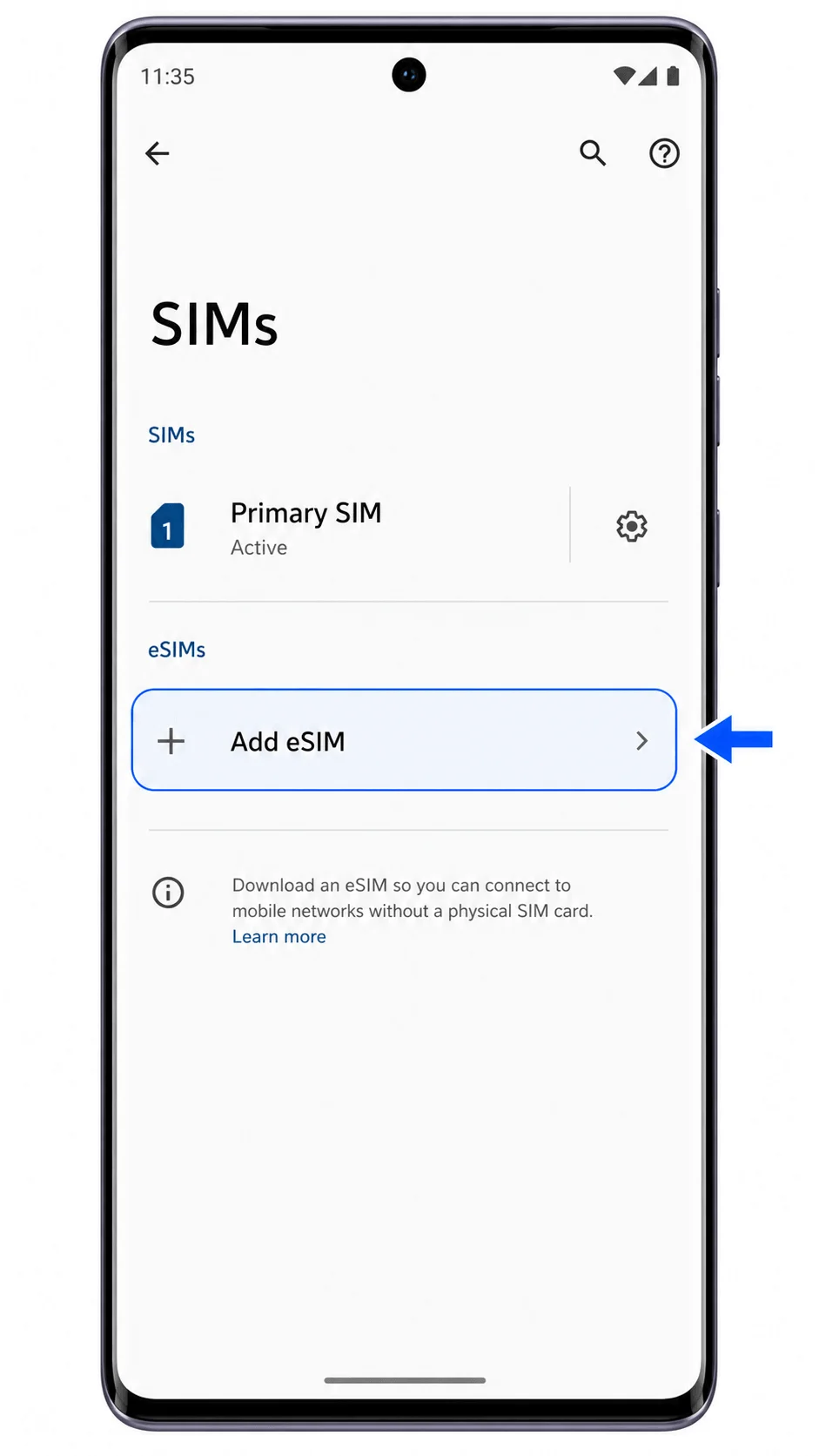 Schermata SIM del Motorola Edge 50 con Aggiungi eSIM evidenziato Schermata SIM del Motorola Edge 50 con Aggiungi eSIM evidenziato