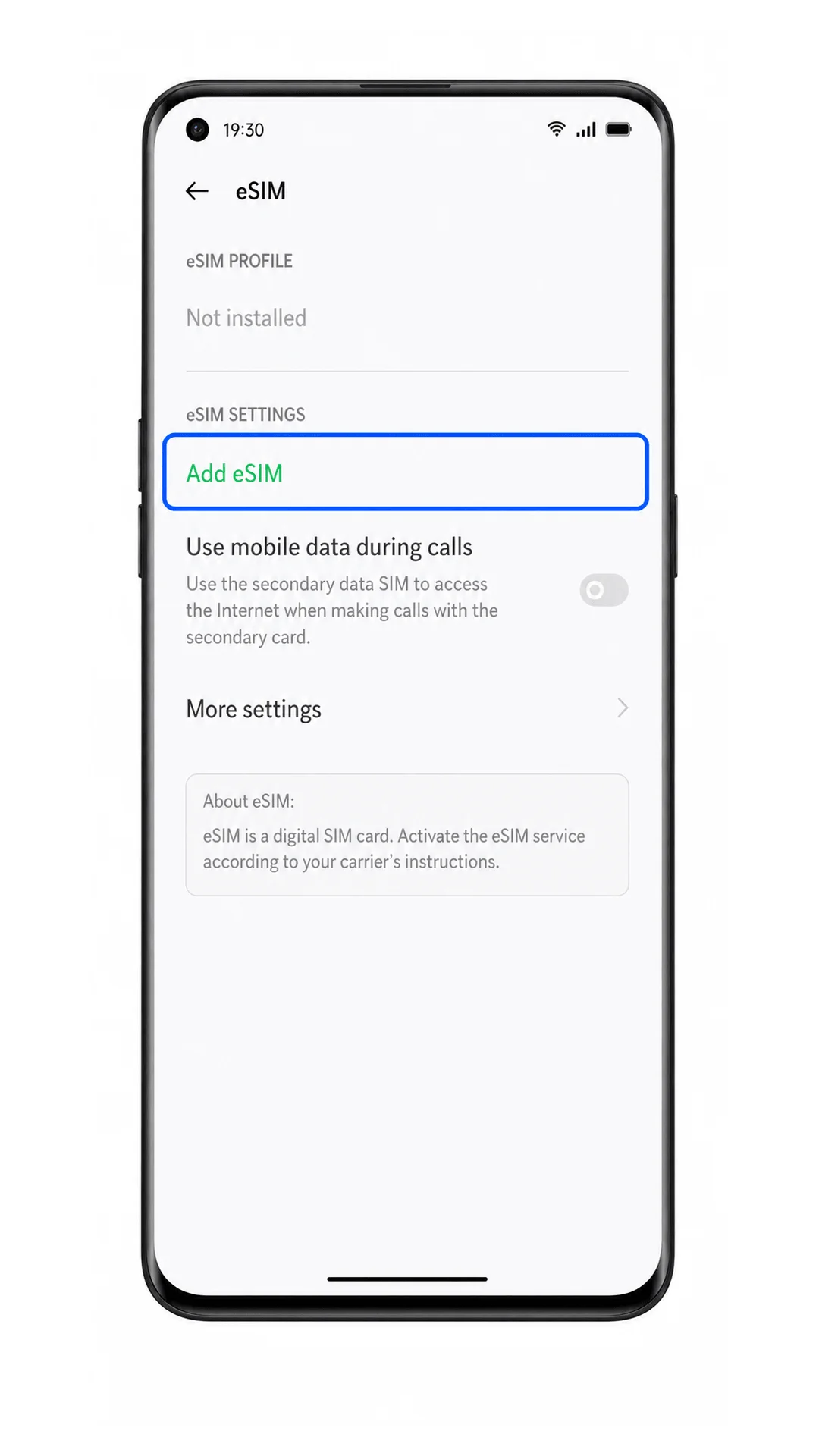 Oppo Find X3 eSIM screen with Add eSIM highlighted