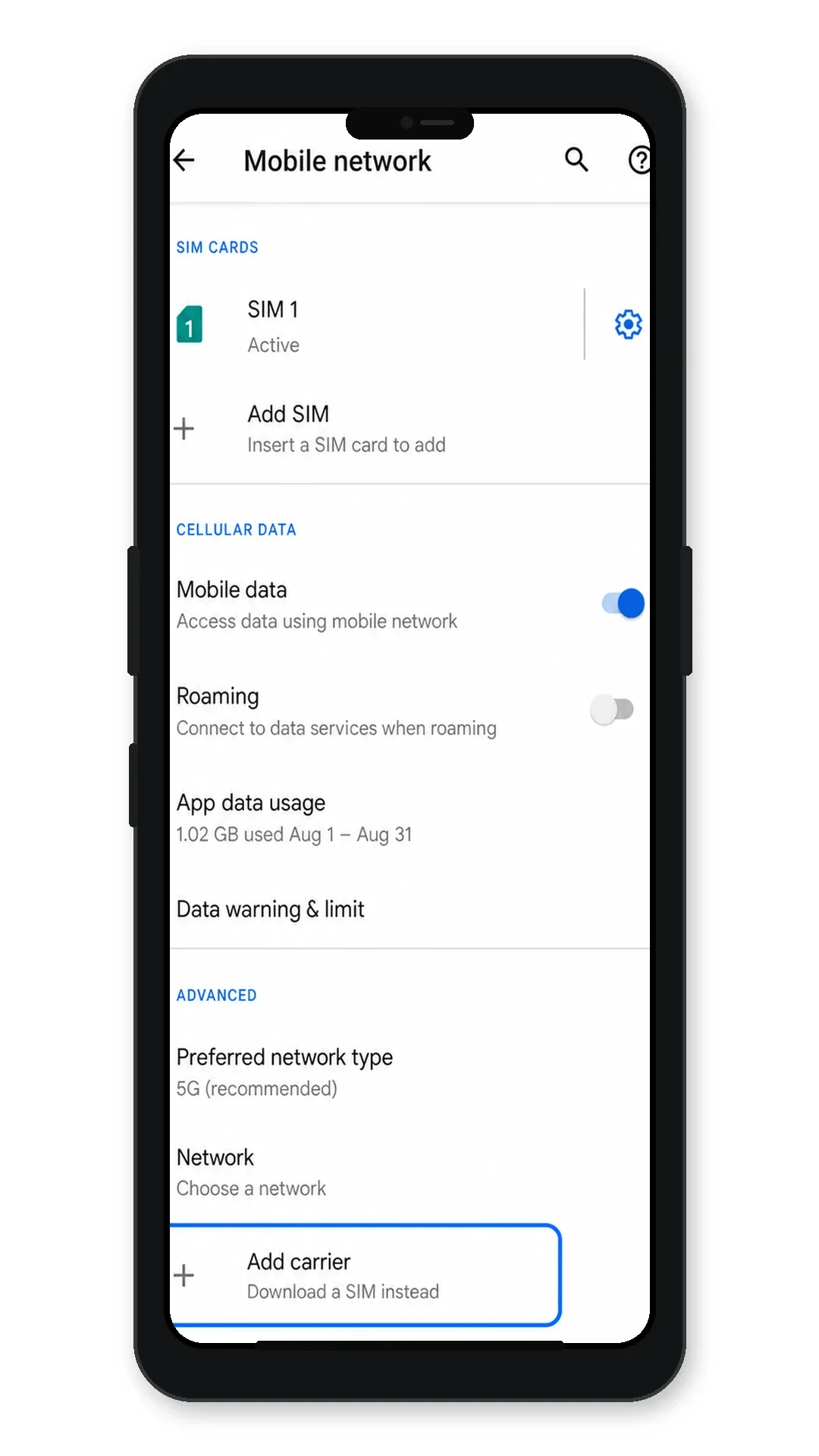 Motorola Razr 5G Mobile network page showing Add carrier or Add eSIM highlighted Motorola Razr 5G Mobile network page showing Add carrier or Add eSIM highlighted