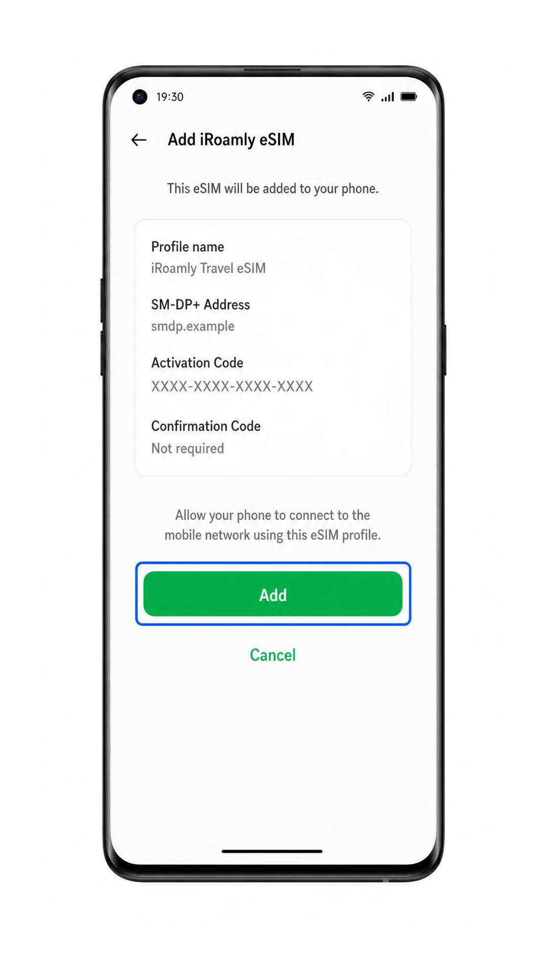 Reused: Oppo Find X3 screen confirming download of the iRoamly travel eSIM