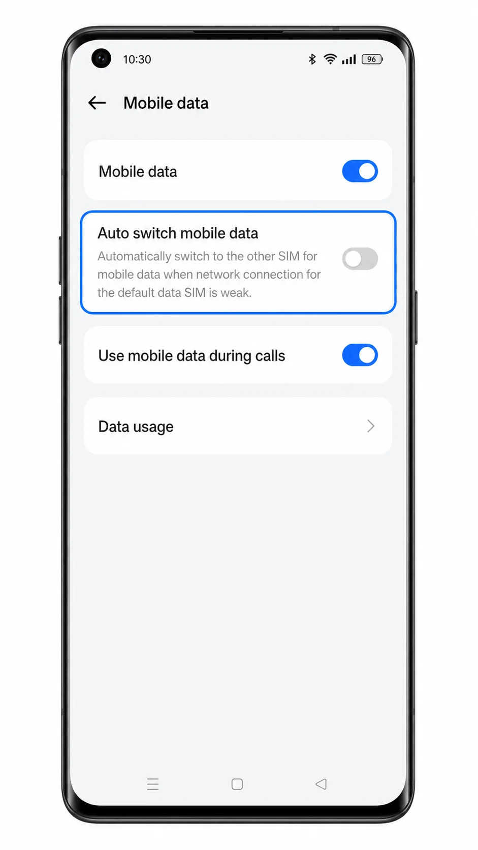 Oppo Reno 6 Pro 5G mobile data settings showing auto switching disabled Oppo Reno 6 Pro 5G mobile data settings showing auto switching disabled