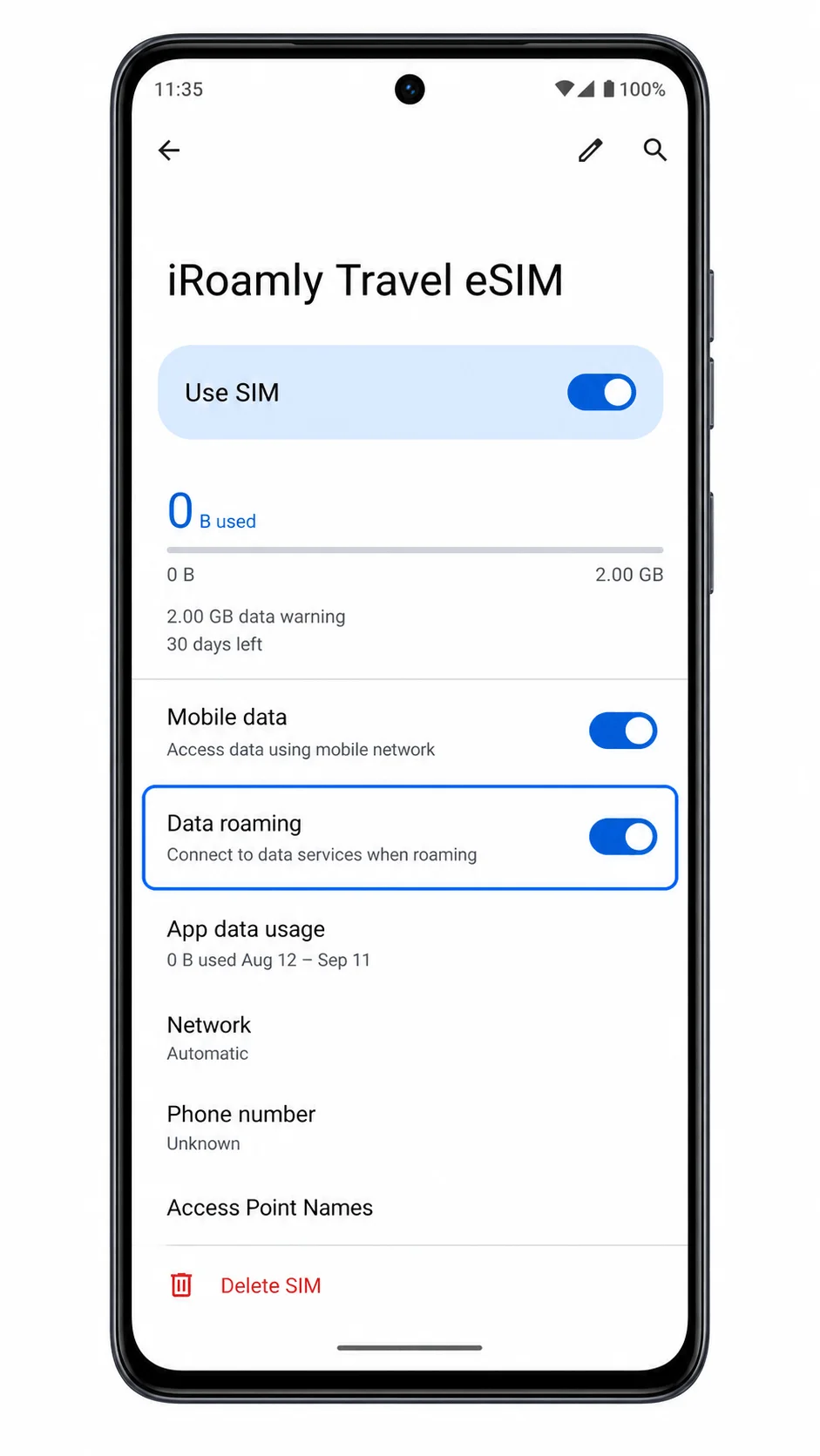 Schermata dei dettagli della iRoamly eSIM del Motorola Edge 2022 con Usa SIM abilitato