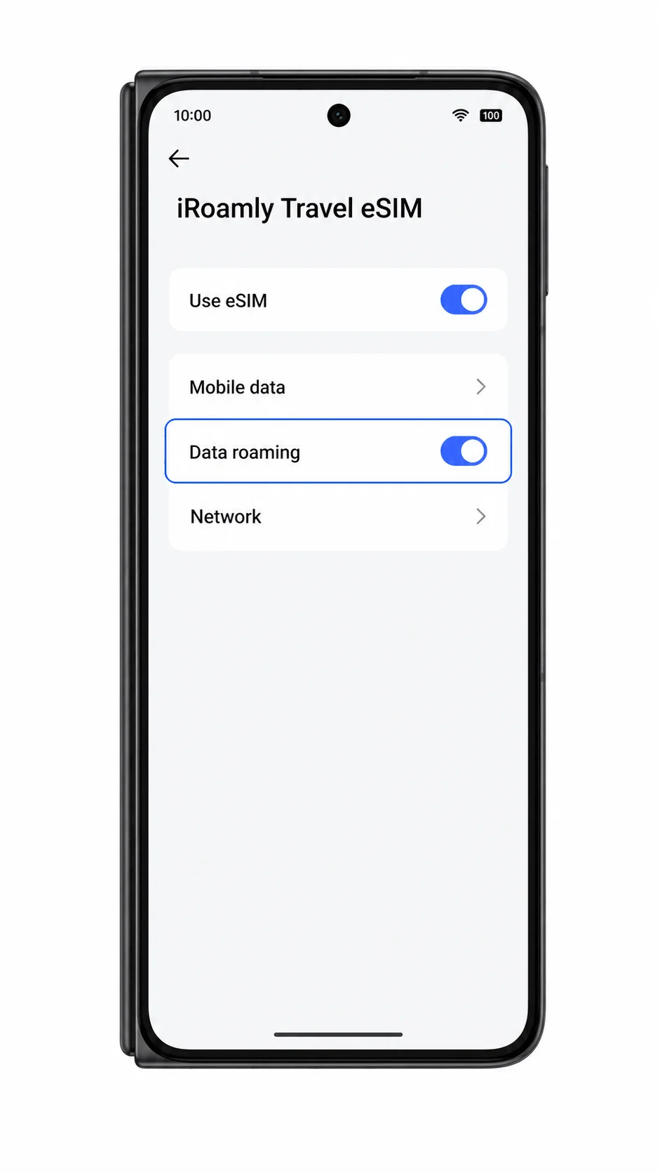 Oppo Find N5 iRoamly eSIM settings screen showing Data roaming highlighted