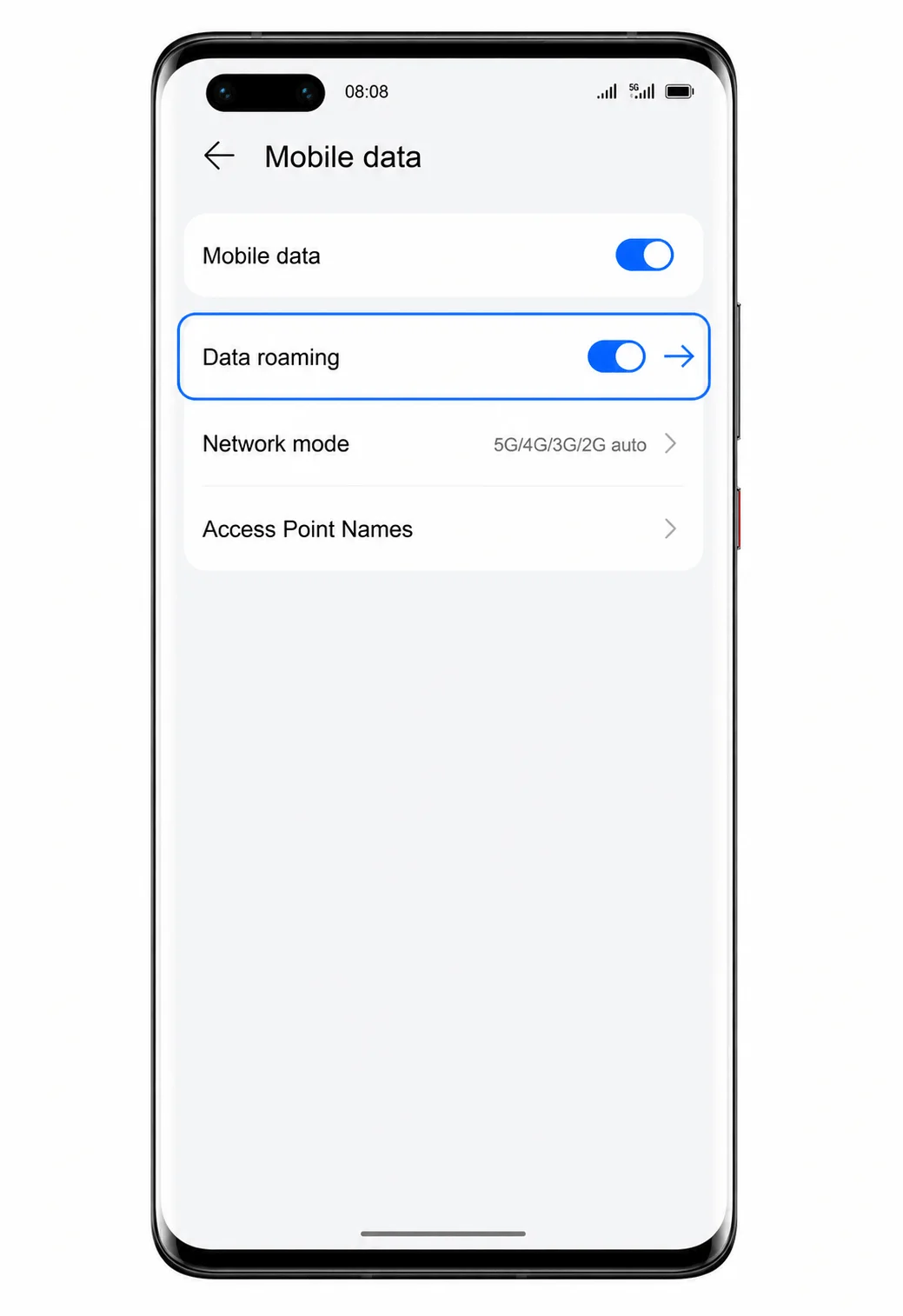 Huawei Mate 40 Pro Mobile data screen with Data roaming highlighted for iRoamly eSIM Huawei Mate 40 Pro Mobile data screen with Data roaming highlighted for iRoamly eSIM