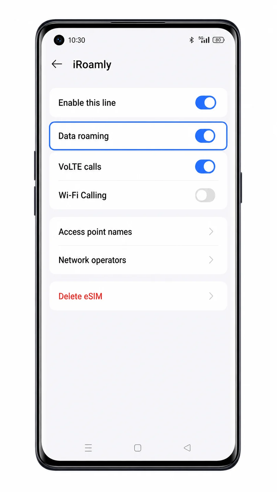 Oppo Reno 6 Pro 5G iRoamly eSIM settings showing Data roaming enabled Oppo Reno 6 Pro 5G iRoamly eSIM settings showing Data roaming enabled