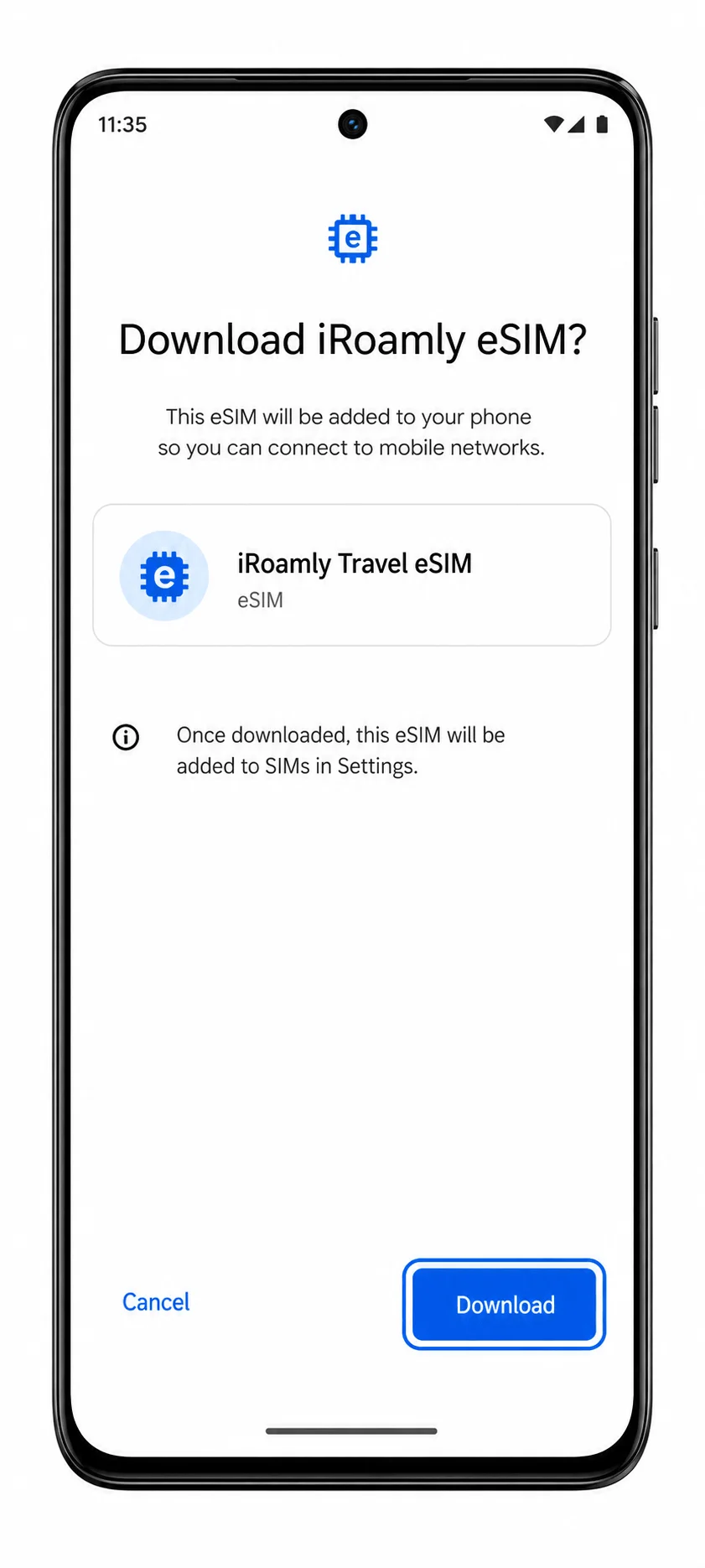 Schermata di conferma download eSIM Motorola Edge 2022 per la configurazione iroamly