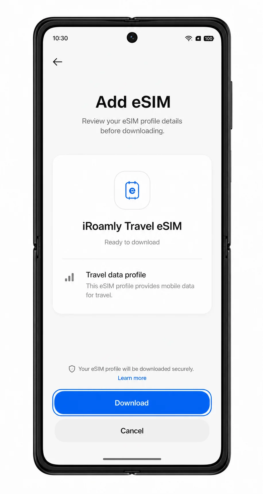Oppo Find N5 eSIM download confirmation screen showing Download highlighted