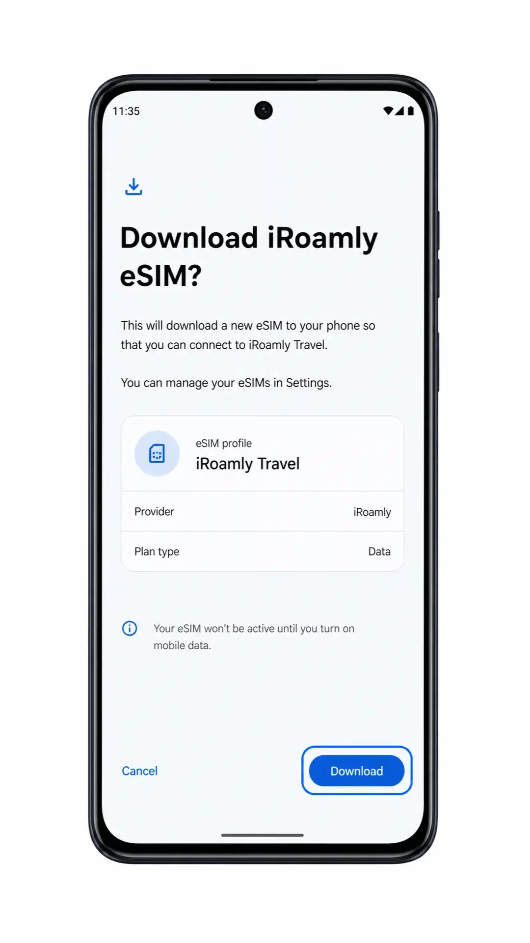 Prompt di download eSIM Moto G86 con Scarica evidenziato per iRoamly eSIM da viaggio