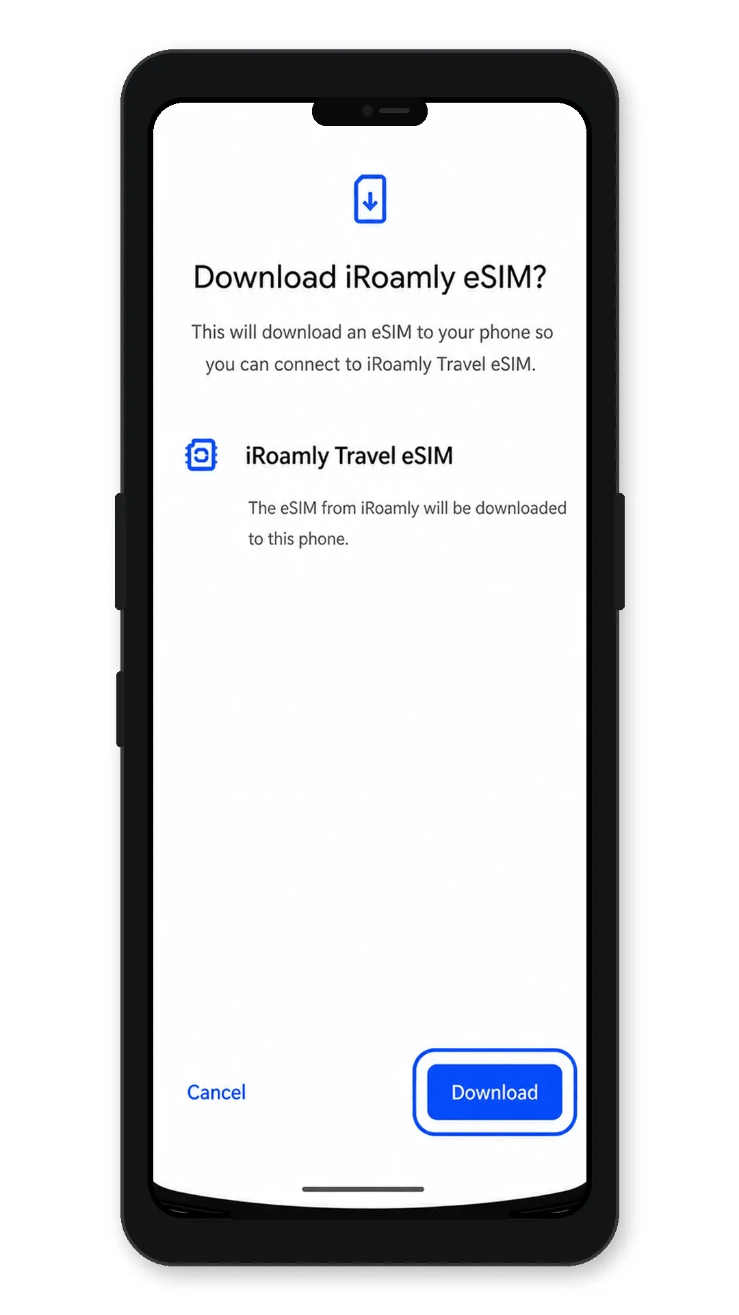 Motorola Razr 5G eSIM download confirmation showing Download highlighted Motorola Razr 5G eSIM download confirmation showing Download highlighted
