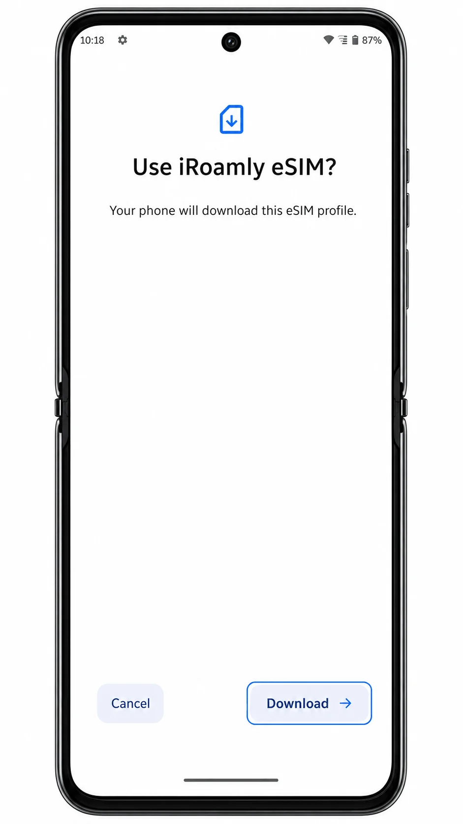 Motorola Razr+ 2024 eSIM download confirmation screen with Download highlighted