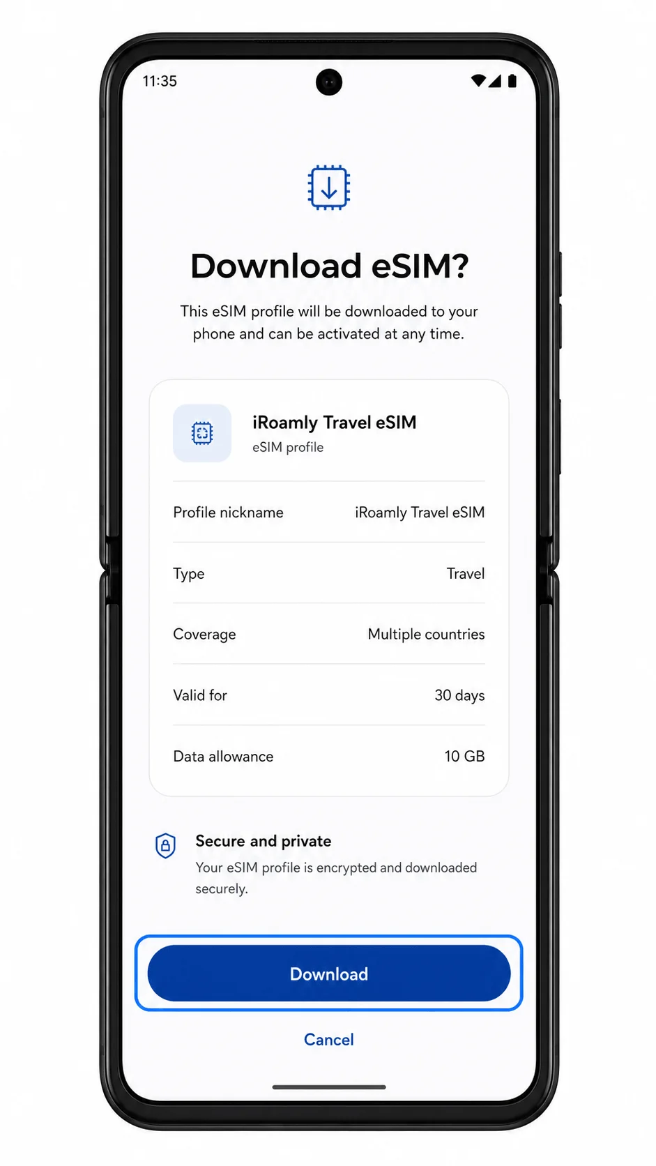 Motorola Razr+ 2025 download eSIM screen showing Download highlighted