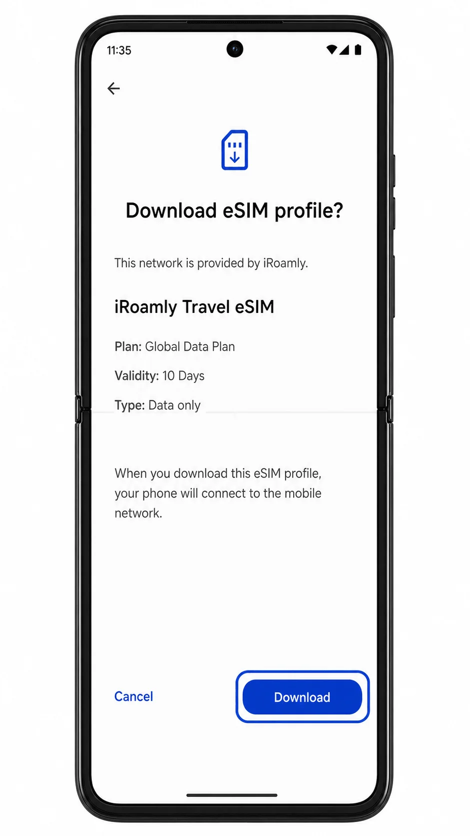 Motorola Razr Ultra 2025 eSIM download screen showing Download highlighted Motorola Razr Ultra 2025 eSIM download screen showing Download highlighted
