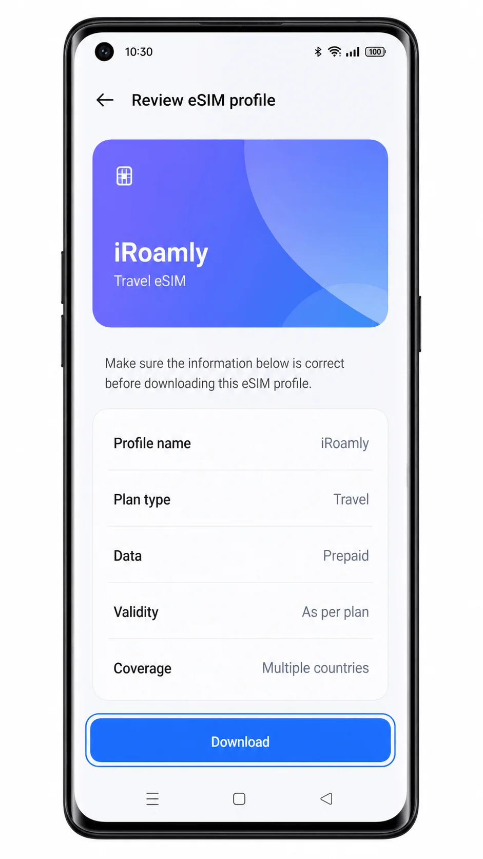 Oppo Reno 6 Pro 5G eSIM profile download screen for iRoamly Oppo Reno 6 Pro 5G eSIM profile download screen for iRoamly