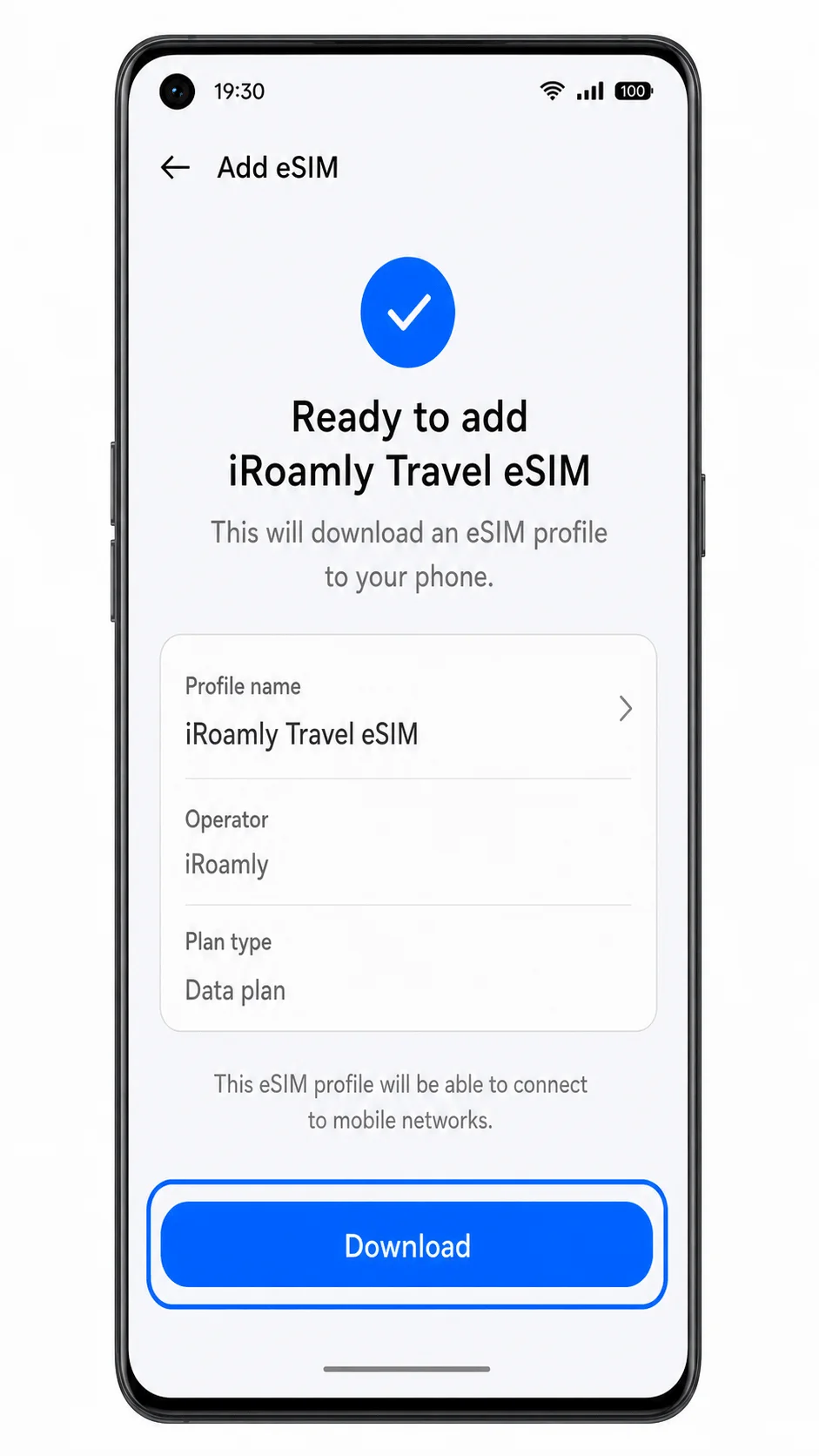 Oppo Find X5 Pro eSIM download confirmation screen for iRoamly Travel eSIM Oppo Find X5 Pro eSIM download confirmation screen for iRoamly Travel eSIM