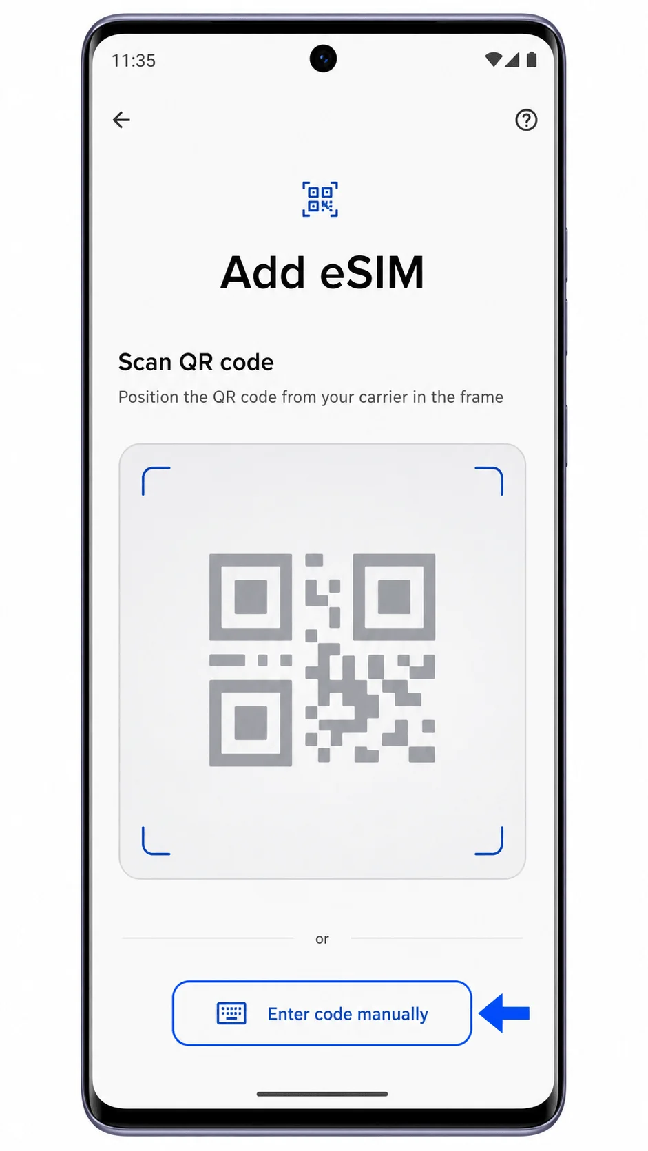 Schermata Aggiungi eSIM del Motorola Edge 50 che mostra lo scanner di codici QR per la configurazione iroamly Schermata Aggiungi eSIM del Motorola Edge 50 che mostra lo scanner di codici QR per la configurazione iroamly