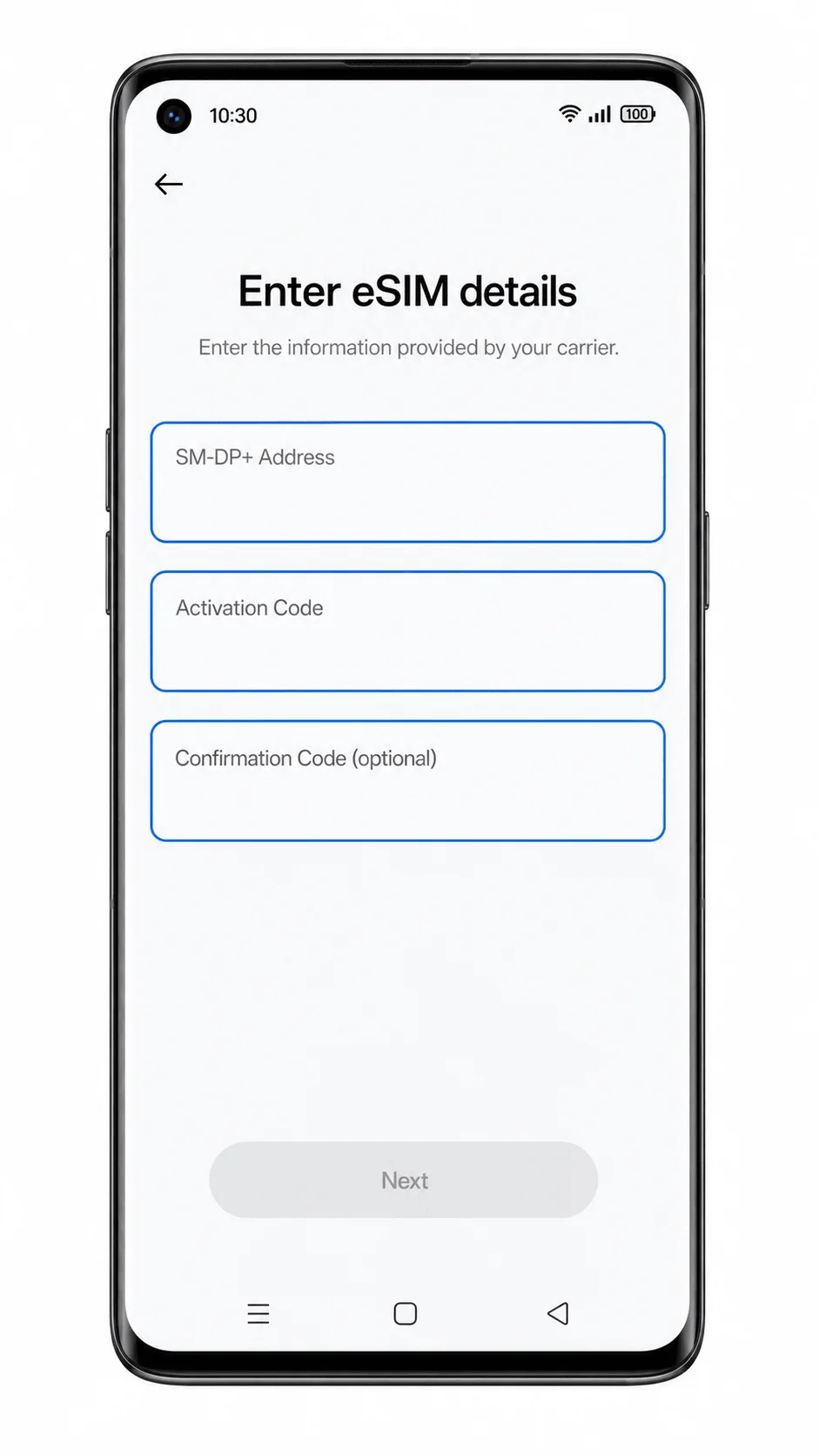 Oppo Reno 6 Pro 5G manual eSIM entry screen with SM-DP+ Address and Activation Code fields Oppo Reno 6 Pro 5G manual eSIM entry screen with SM-DP+ Address and Activation Code fields