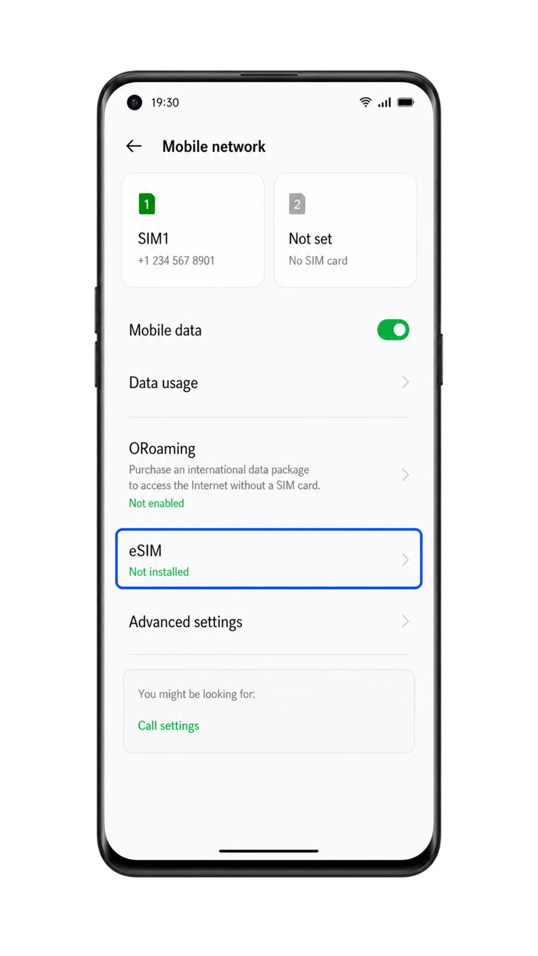 Oppo Find X3 Mobile network screen with eSIM highlighted