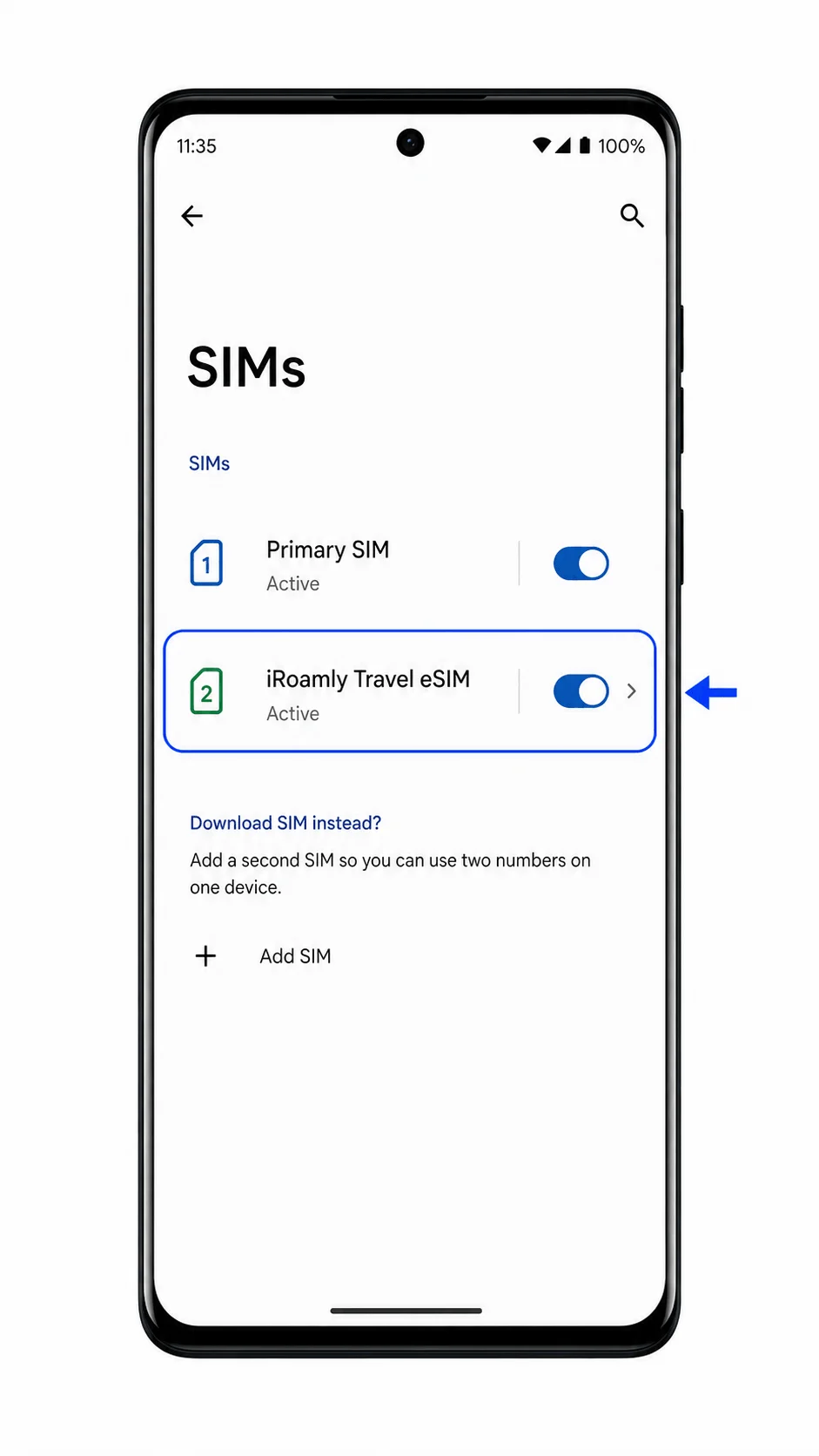 Pagina SIM del Motorola Edge 50 Fusion che mostra la eSIM iRoamly installata Pagina SIM del Motorola Edge 50 Fusion che mostra la eSIM iRoamly installata