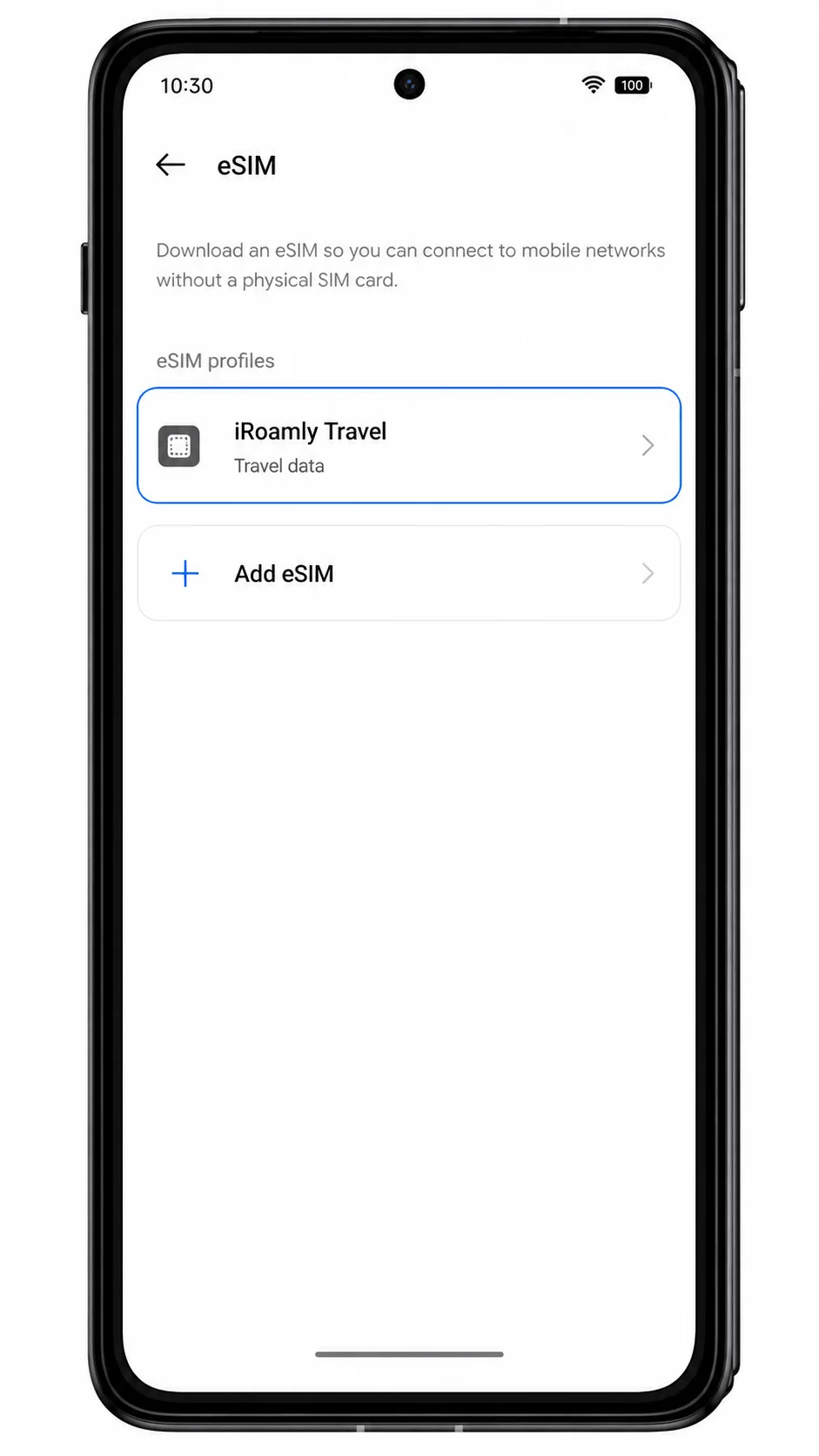 Oppo Find N3 eSIM list showing iRoamly travel eSIM installed