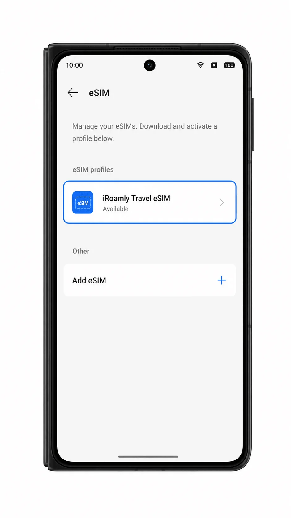 Oppo Find N5 eSIM list showing installed iRoamly travel eSIM profile