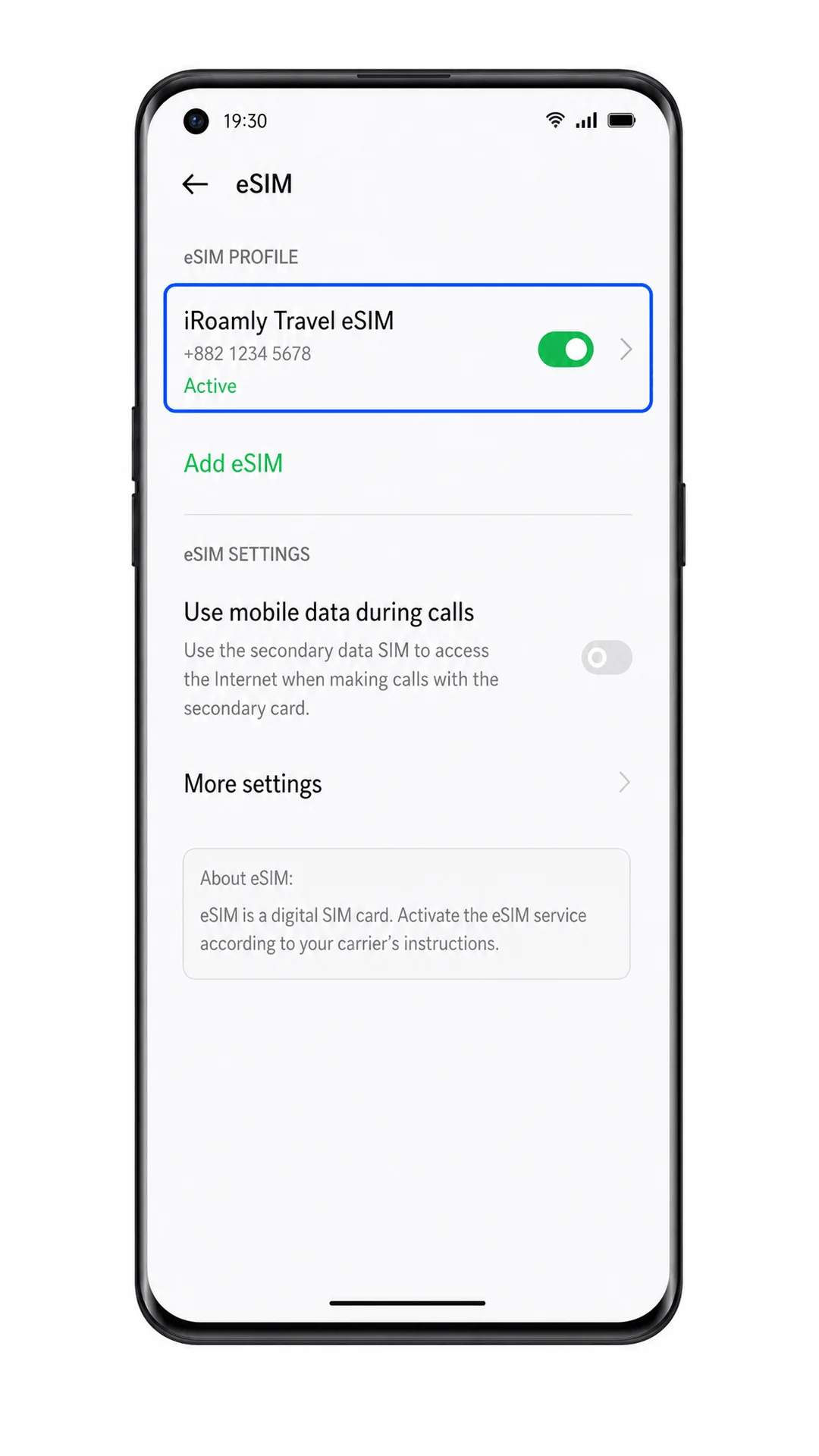 Reused: Oppo Find X3 eSIM management screen showing iRoamly Travel eSIM installed
