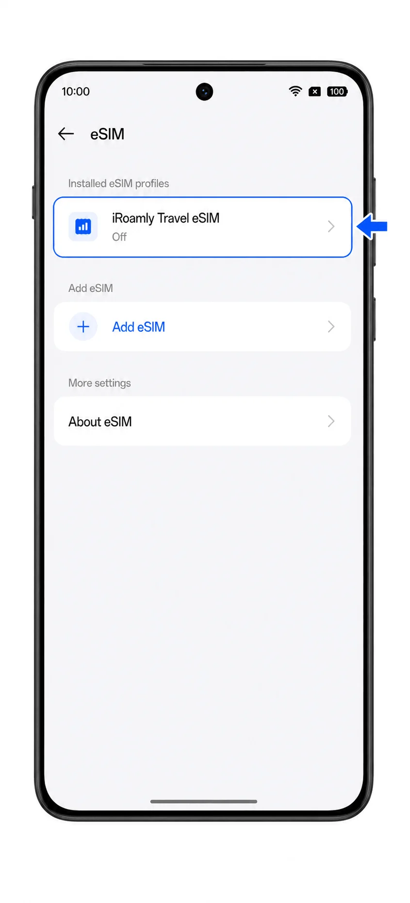 Oppo Find X8 Pro eSIM list showing installed iRoamly travel eSIM Oppo Find X8 Pro eSIM list showing installed iRoamly travel eSIM