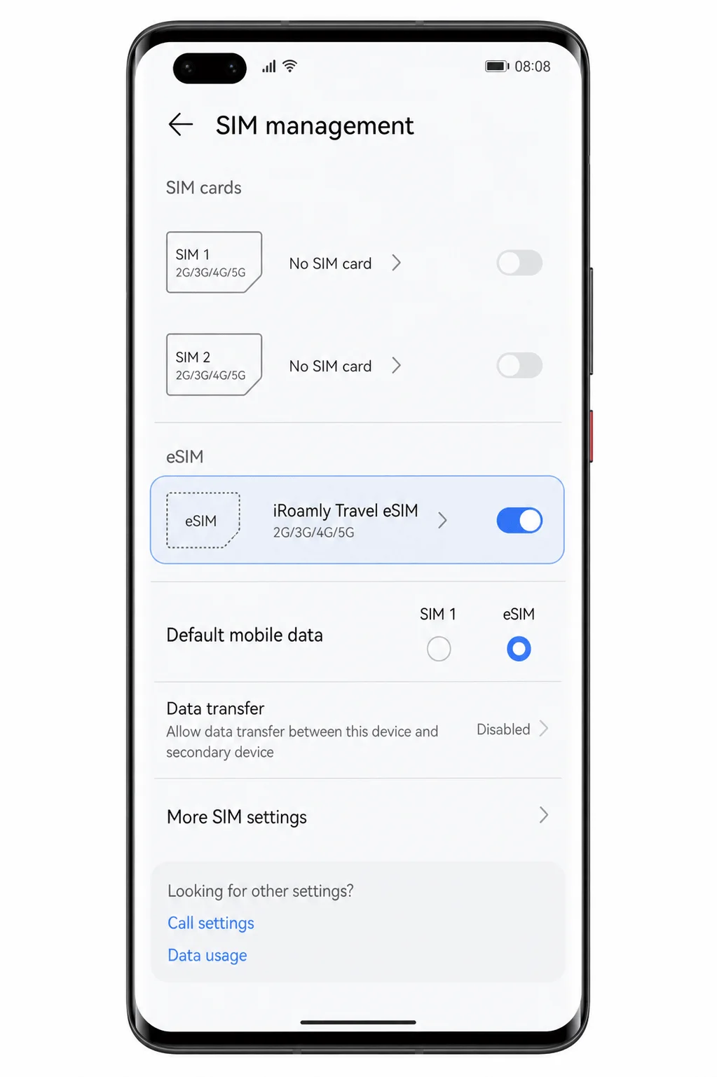 Huawei Mate 40 Pro SIM management screen showing iRoamly Travel eSIM installed Huawei Mate 40 Pro SIM management screen showing iRoamly Travel eSIM installed