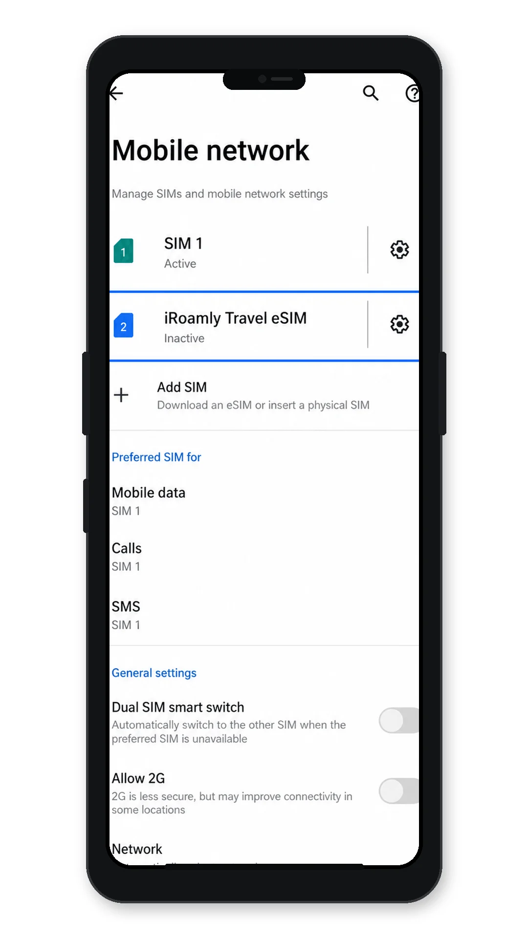 Motorola Razr 5G SIM settings showing iRoamly Travel eSIM installed Motorola Razr 5G SIM settings showing iRoamly Travel eSIM installed