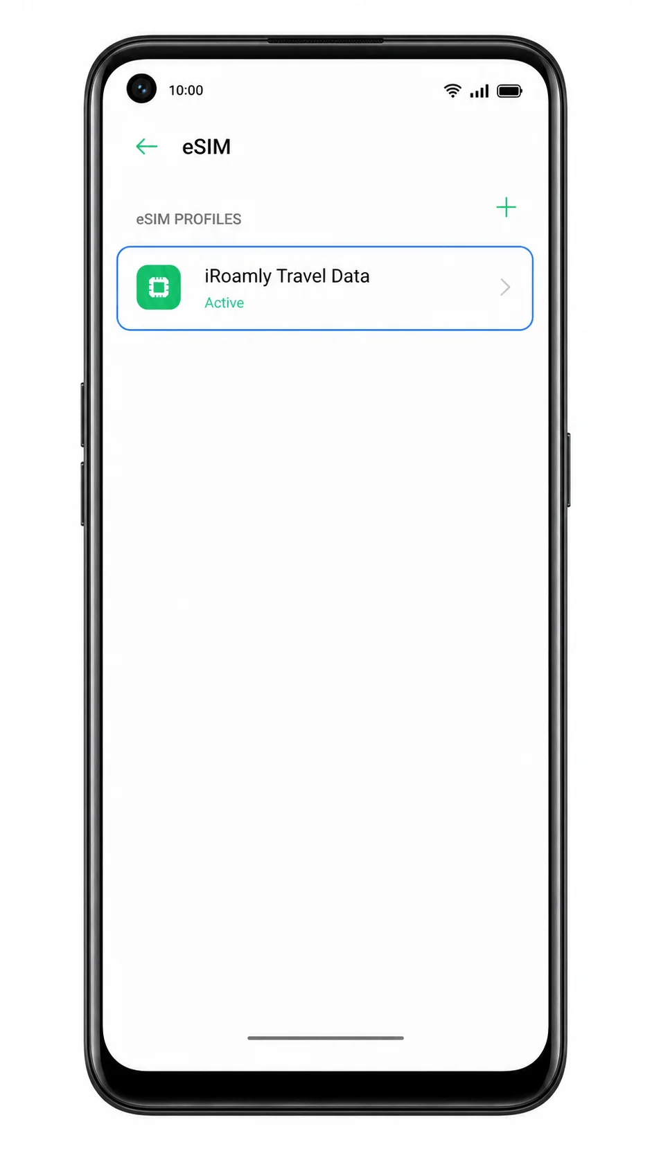 Oppo Reno 5A eSIM list showing installed iRoamly travel eSIM