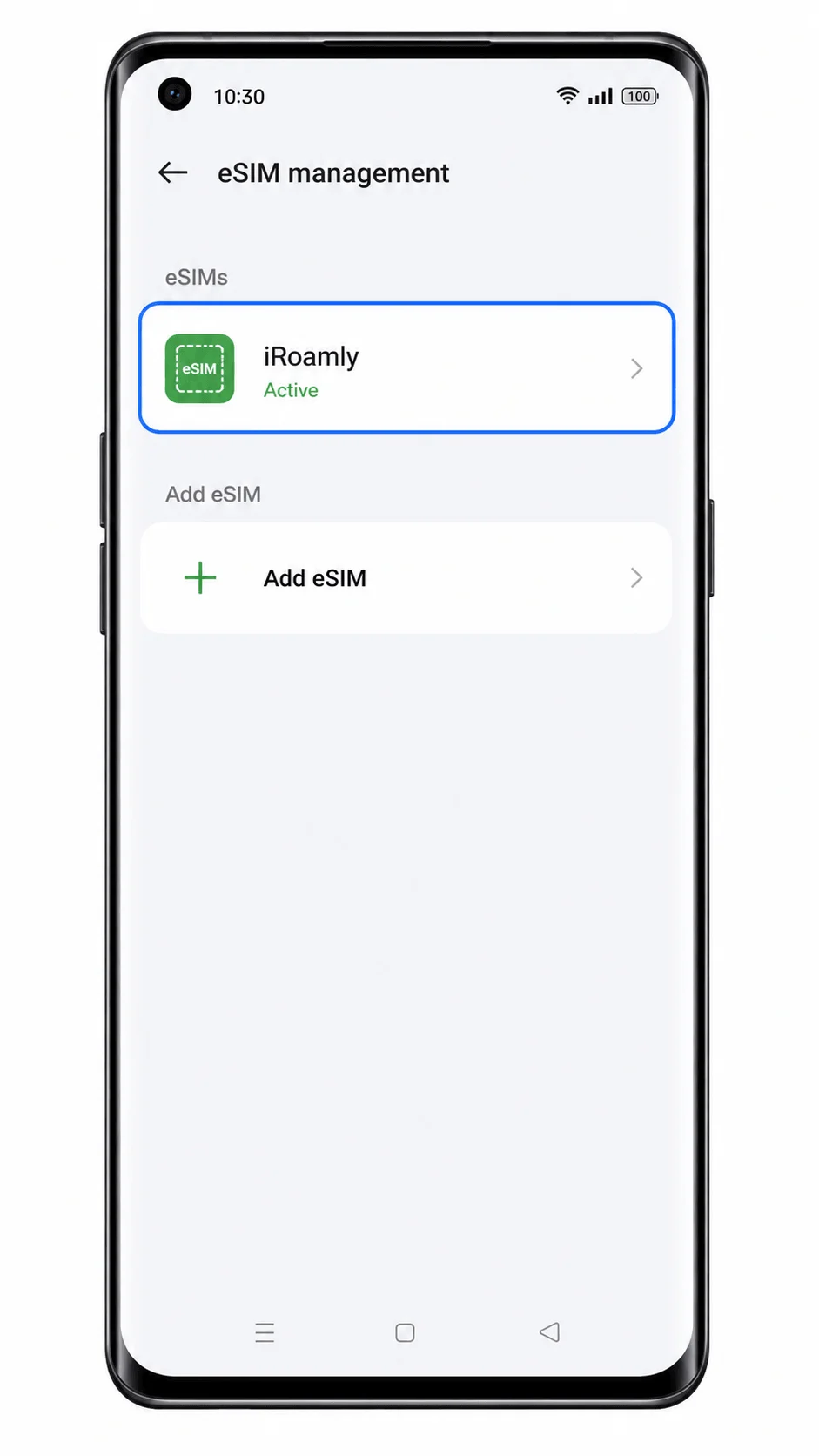 Oppo Reno 6 Pro 5G eSIM list showing iRoamly installed Oppo Reno 6 Pro 5G eSIM list showing iRoamly installed