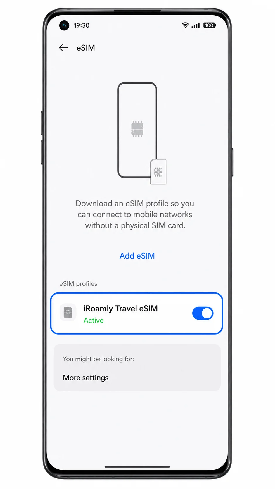 Oppo Find X5 Pro eSIM list showing iRoamly Travel eSIM installed Oppo Find X5 Pro eSIM list showing iRoamly Travel eSIM installed