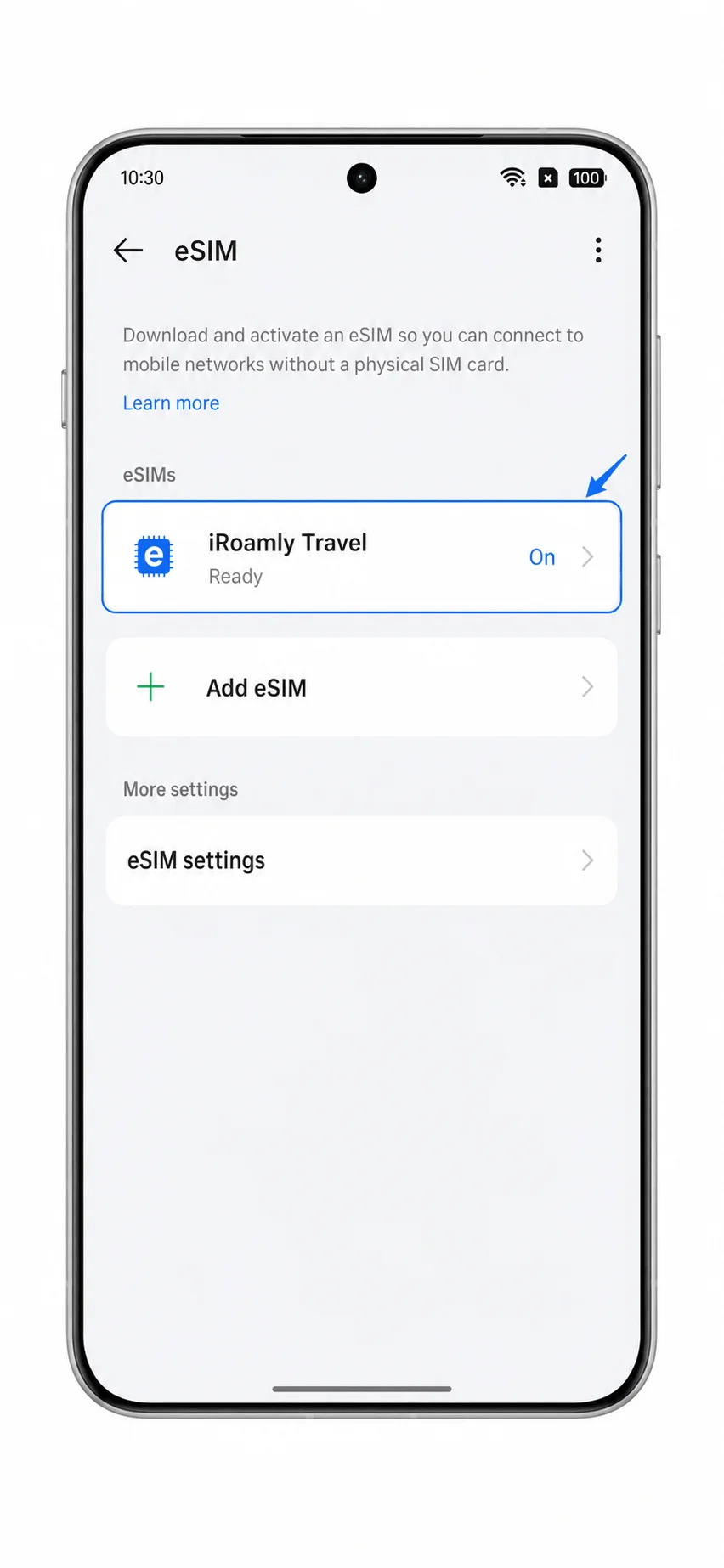 Oppo Find X8 eSIM page showing iRoamly Travel installed and ready