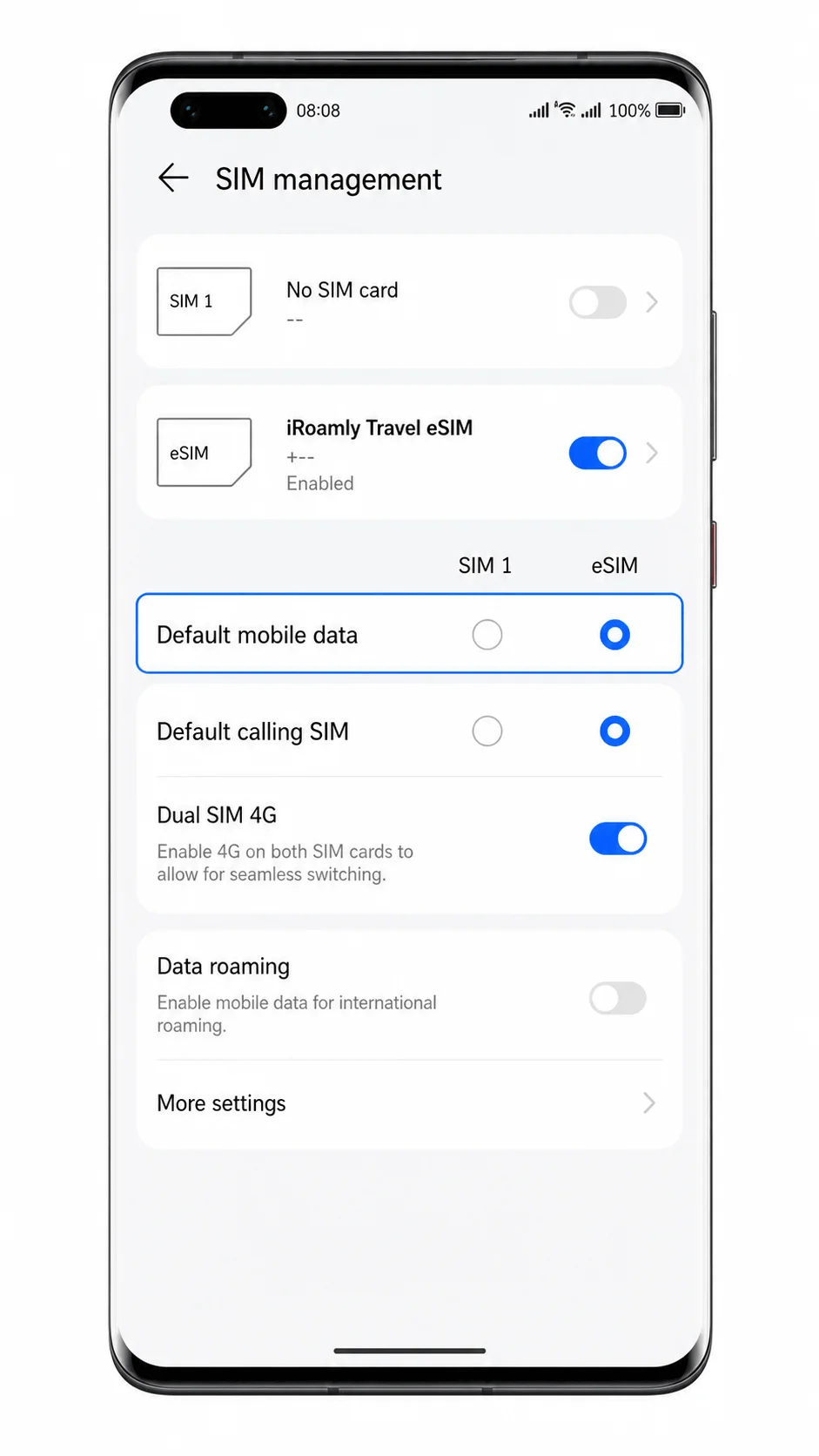 Huawei Mate 40 Pro SIM management screen with iRoamly Travel eSIM profile highlighted Huawei Mate 40 Pro SIM management screen with iRoamly Travel eSIM profile highlighted