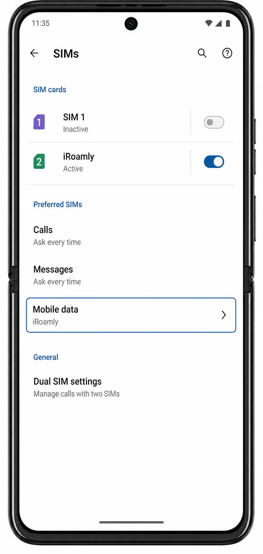 Motorola Razr+ 2024 SIMs screen showing Mobile data set to iRoamly