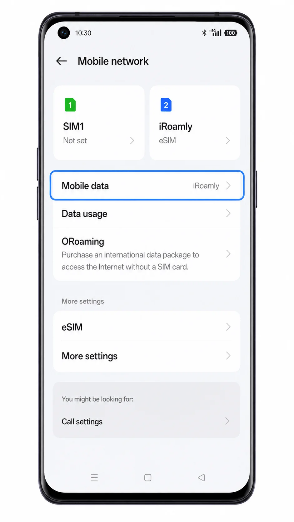 Oppo Reno 6 Pro 5G Mobile network screen showing Mobile data highlighted Oppo Reno 6 Pro 5G Mobile network screen showing Mobile data highlighted