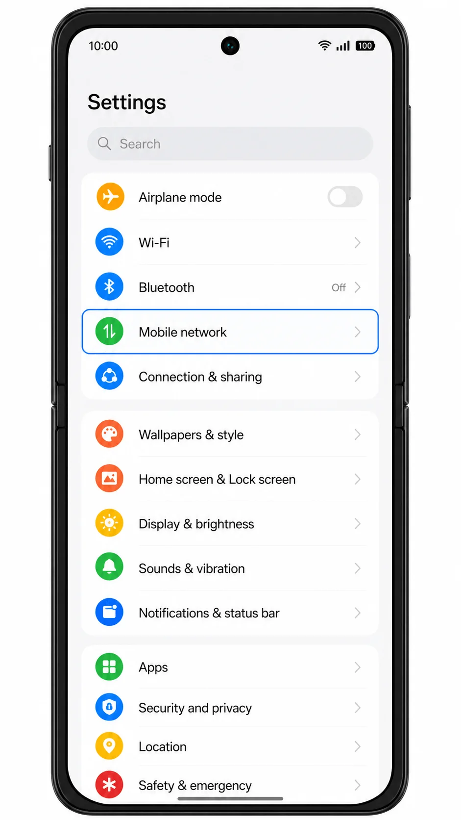 Oppo Find N3 Settings showing Mobile network highlighted for iRoamly eSIM setup