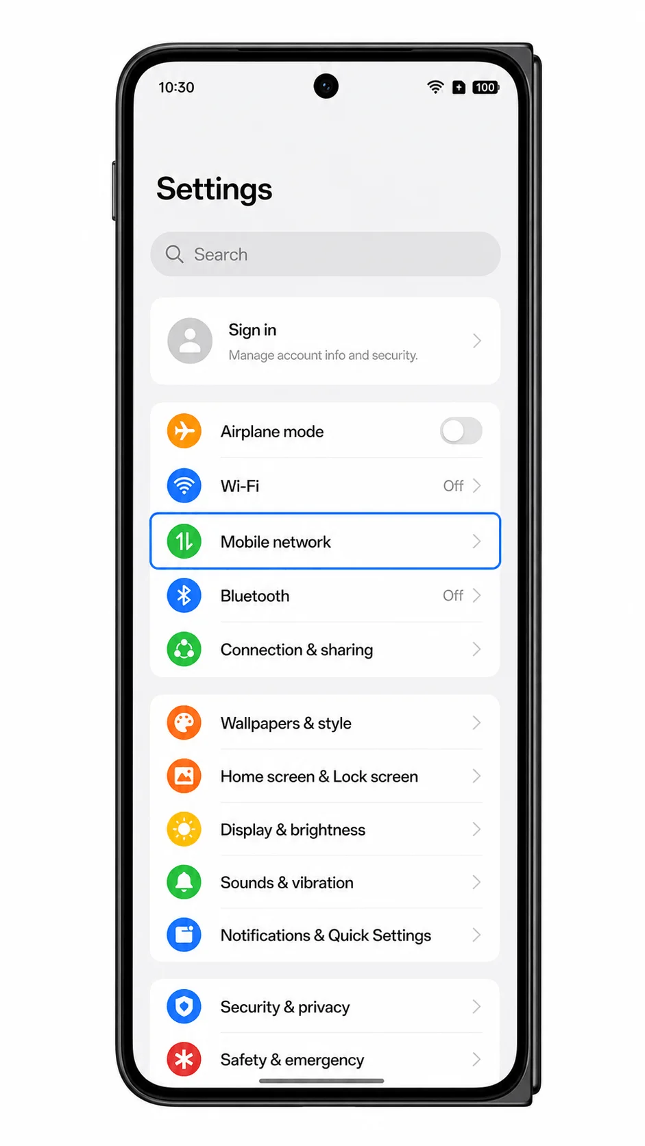 Oppo Find N5 Settings screen showing Mobile network highlighted for iRoamly eSIM setup