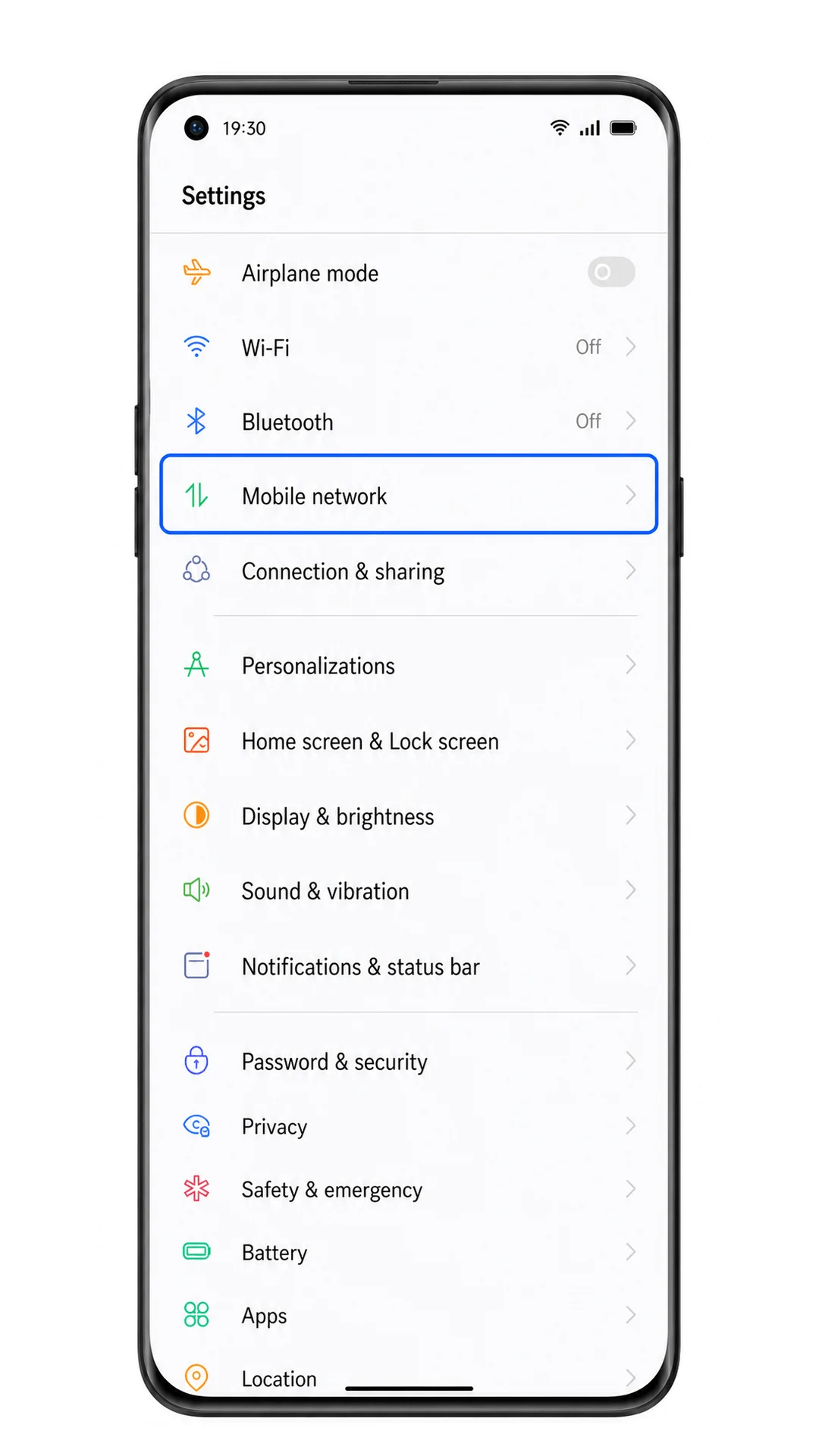 Oppo Find X3 Settings screen with Mobile network highlighted for iRoamly eSIM setup