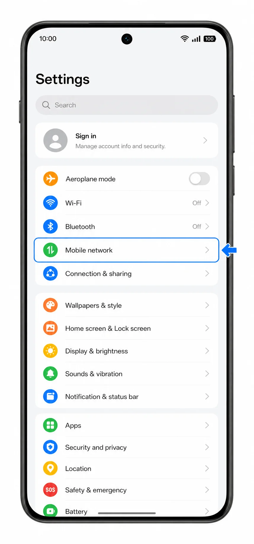 Oppo Find X8 Pro Settings showing Mobile network highlighted for iRoamly eSIM setup Oppo Find X8 Pro Settings showing Mobile network highlighted for iRoamly eSIM setup
