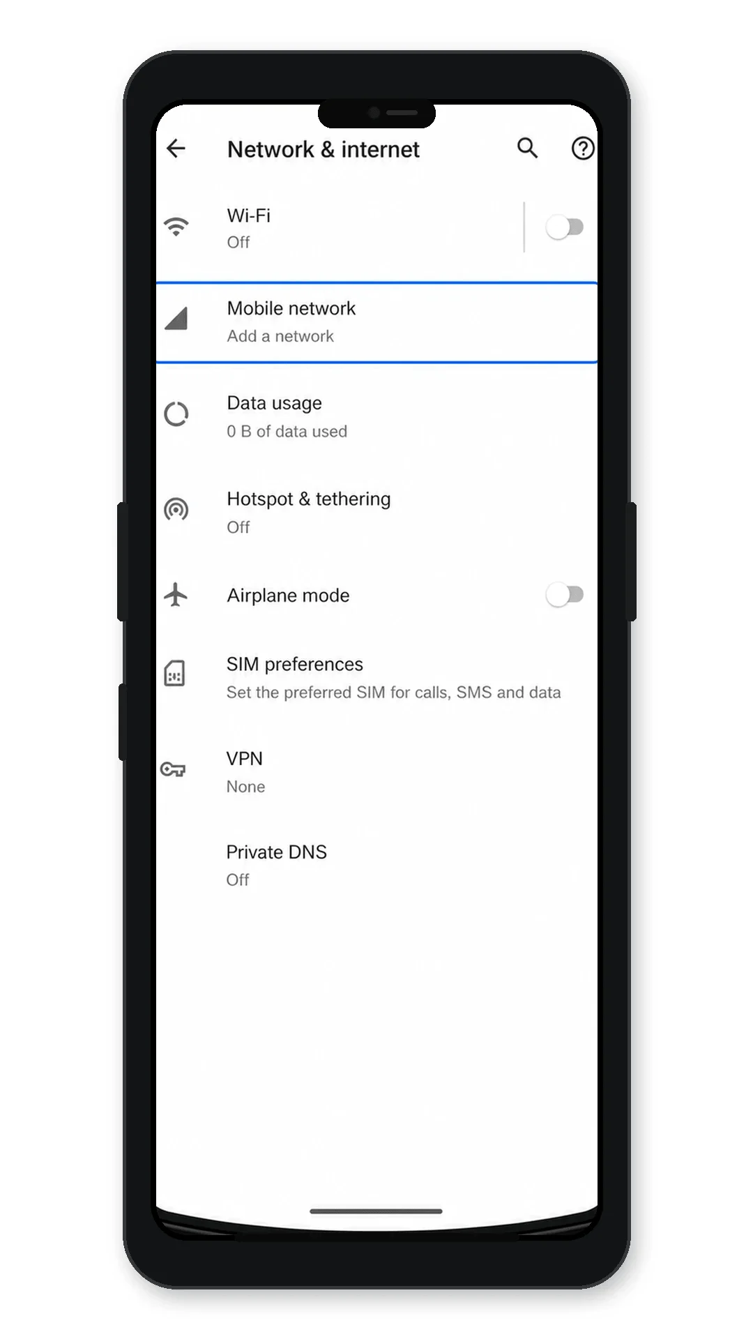 Motorola Razr 5G Network and internet page showing Mobile network highlighted Motorola Razr 5G Network and internet page showing Mobile network highlighted