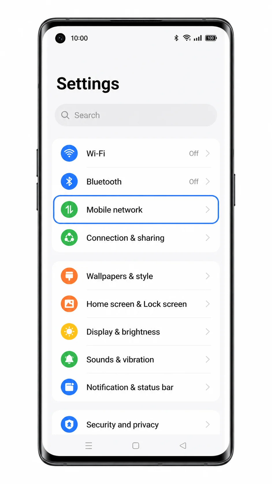 Oppo Reno 6 Pro 5G Settings showing Mobile network highlighted for iRoamly eSIM setup Oppo Reno 6 Pro 5G Settings showing Mobile network highlighted for iRoamly eSIM setup